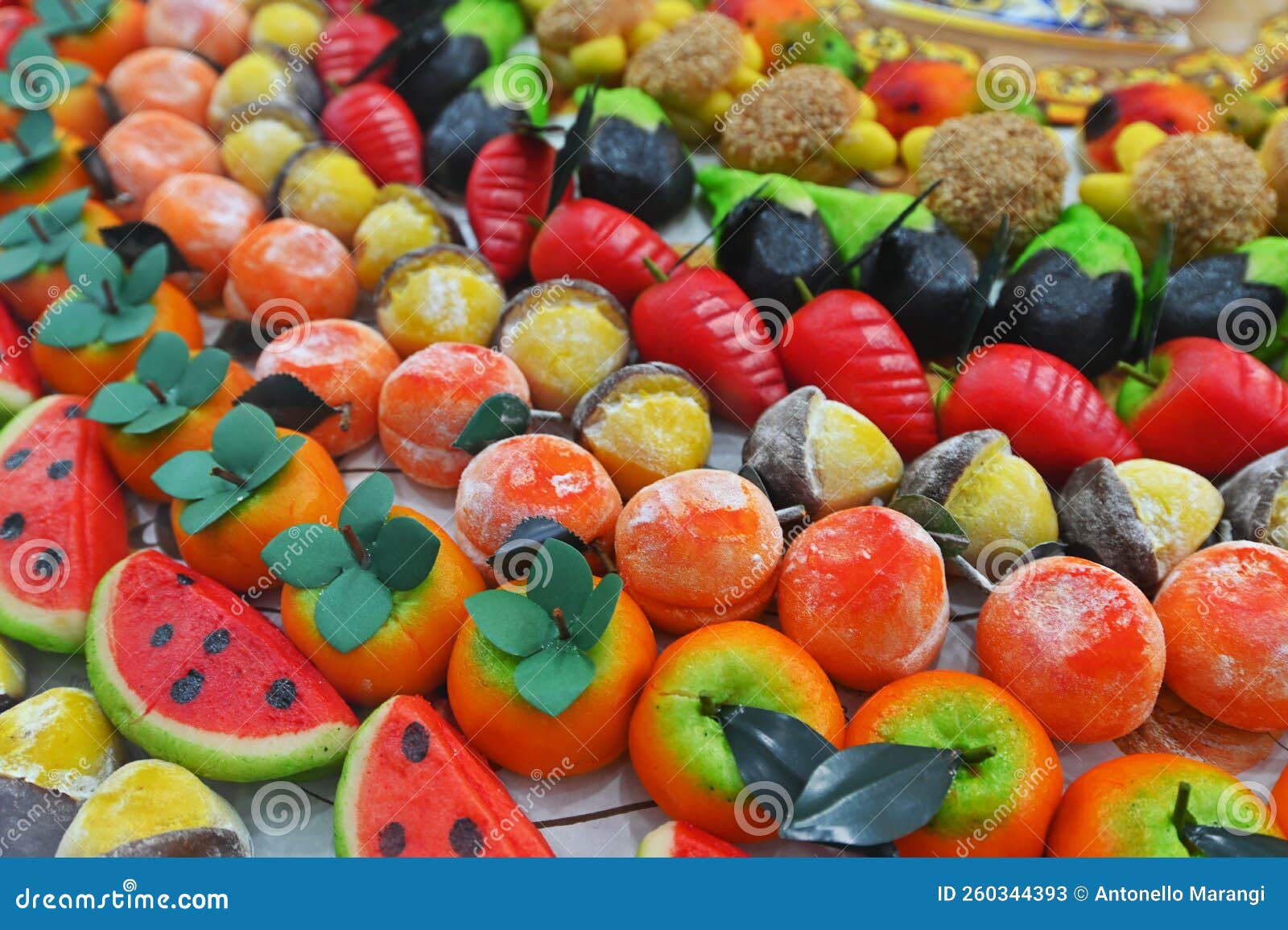 traditional sicilian frutta martorana assortment made of almond paste d in various fruits and veggies