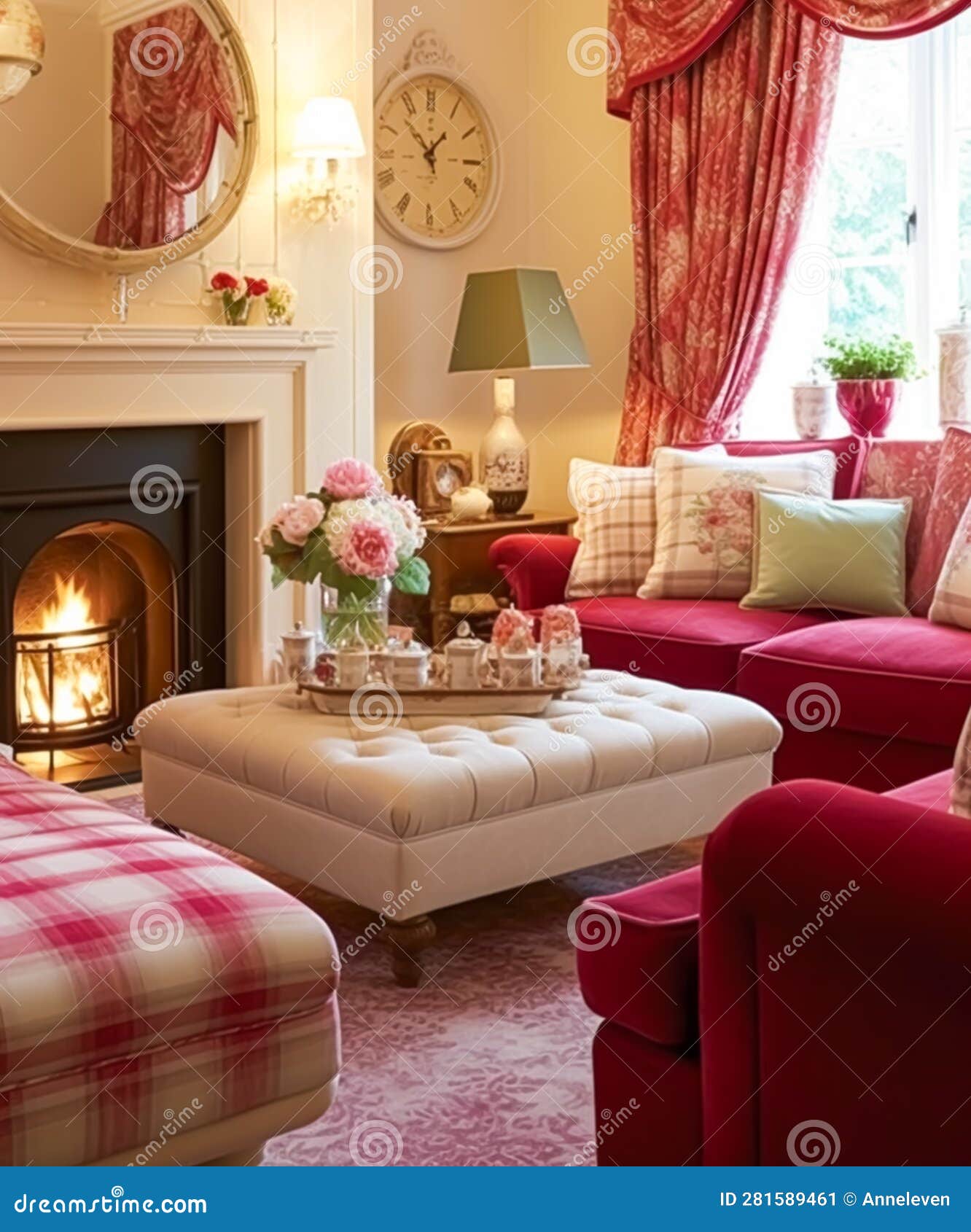 Traditional Sitting Room Decor, Interior Design, Red Pink Living