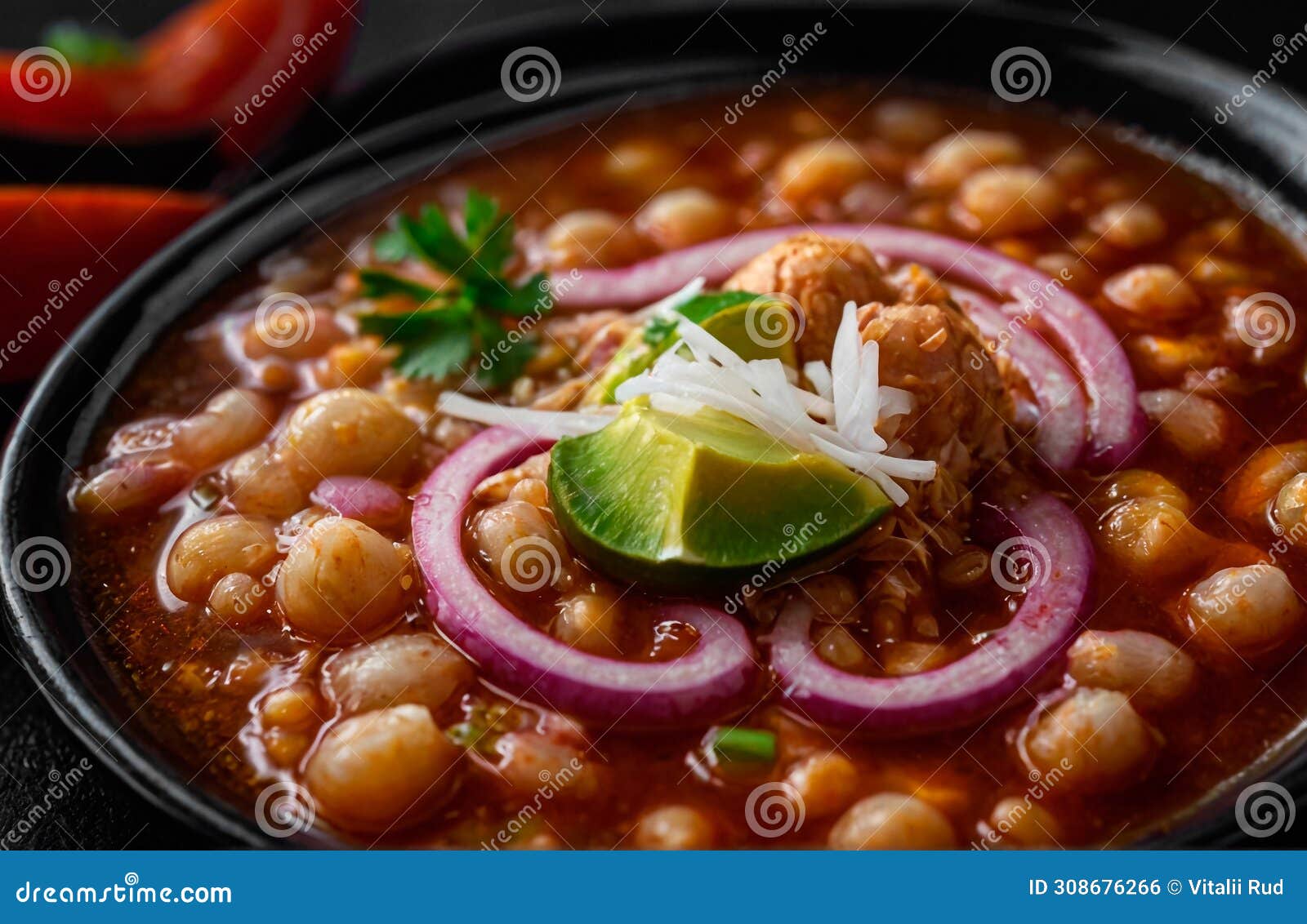 Traditional Slow Cooked Mexican Pozole Rojo Soup With Ground Minced