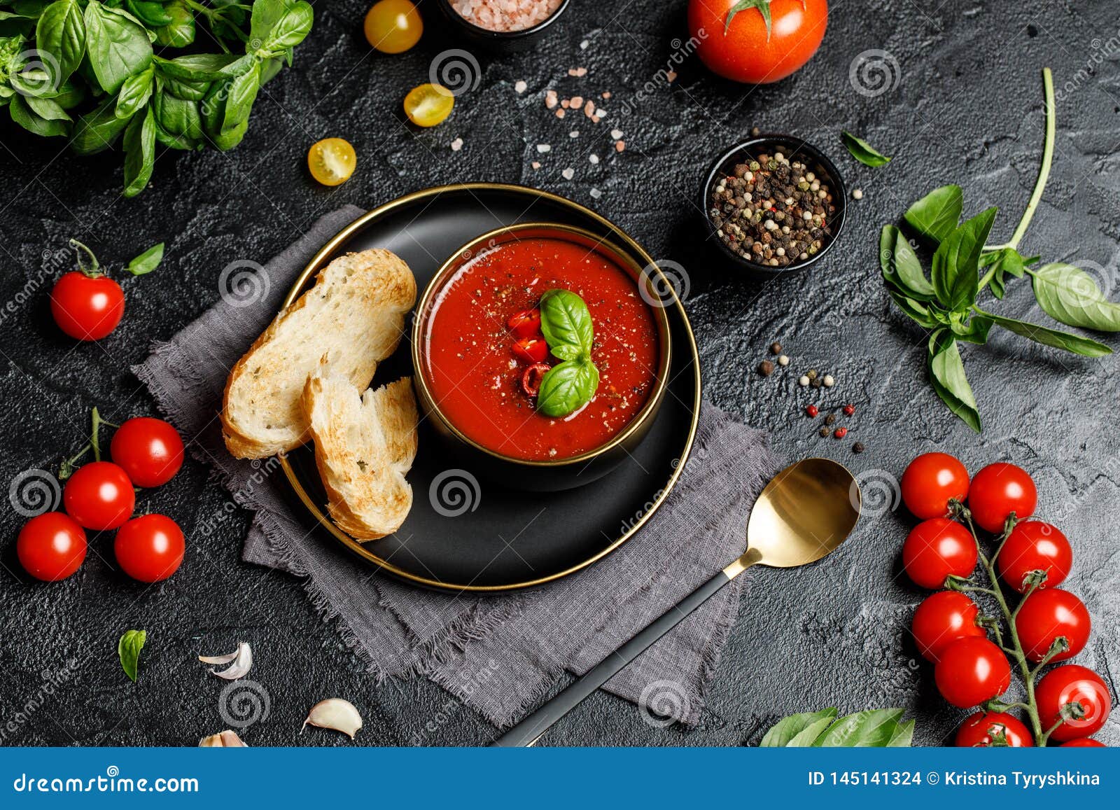 Traditional Spanish Cold Tomato Soup Gazpacho In A Bowl On Stone Background Traditional Spanish Food Concept Of Spanish Cold Sou Stock Photo Image Of Background