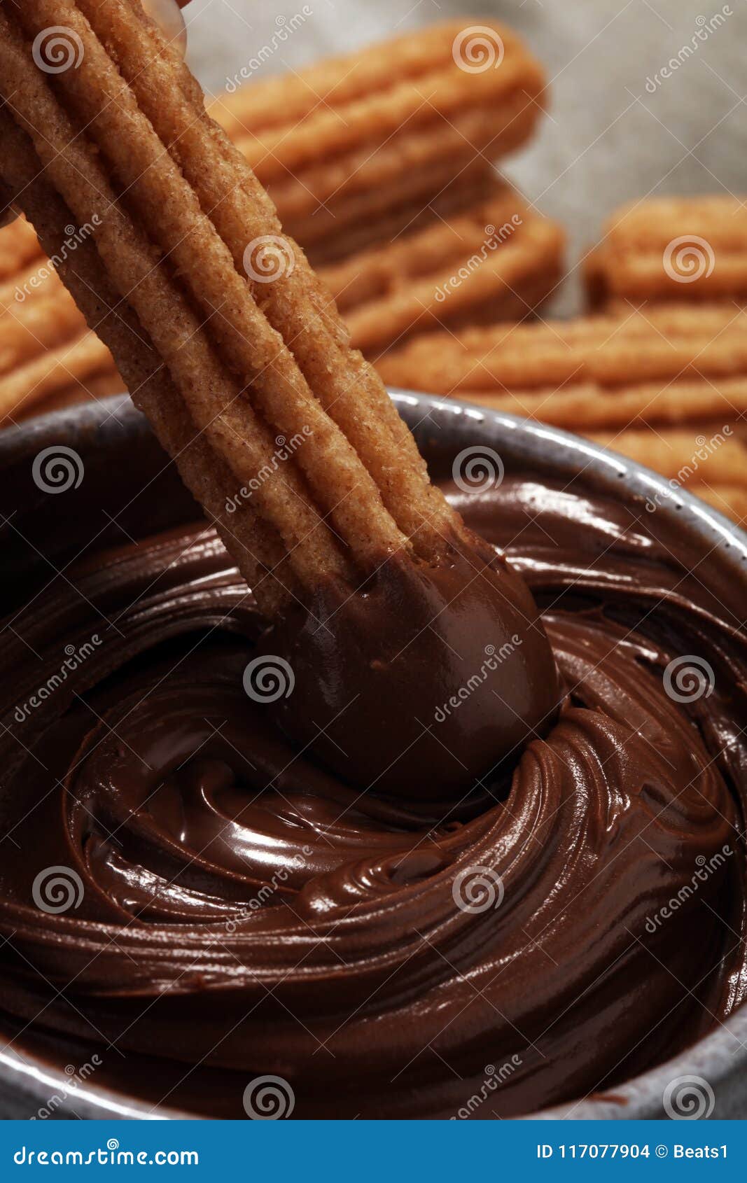 Traditional Spanish Dessert Churros with Sugar and Chocolate Stock