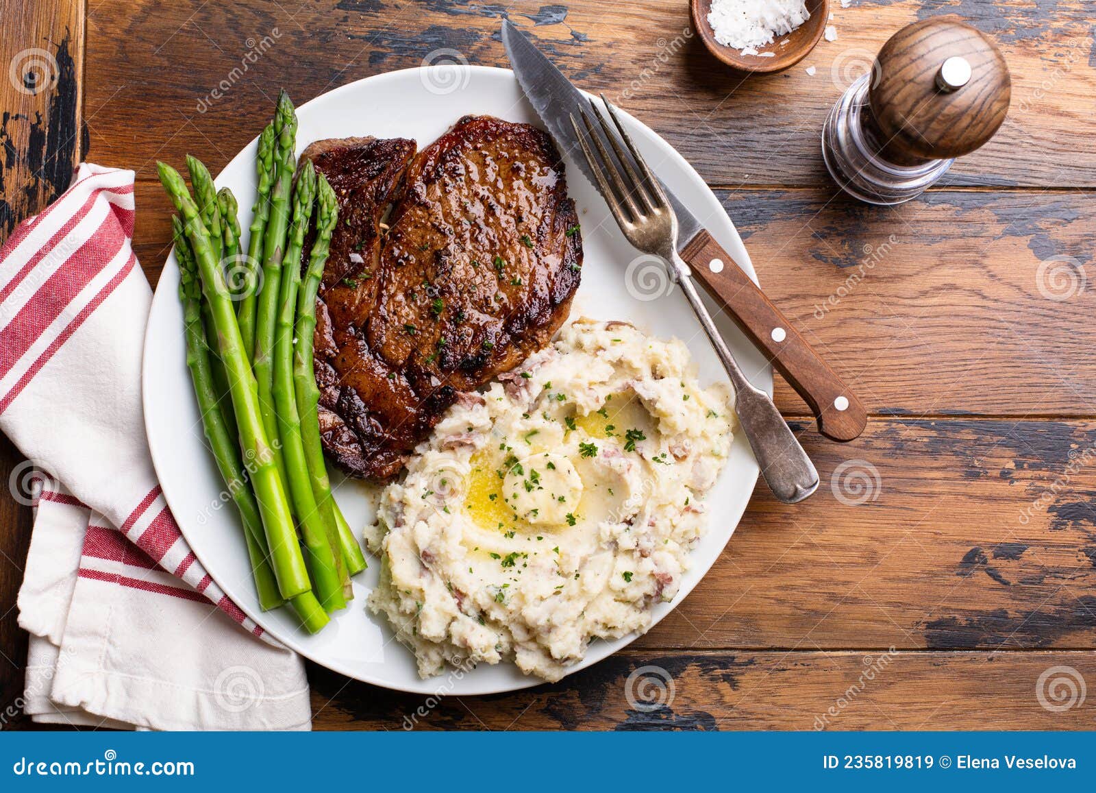 Traditional Steak and Mashed Potatoes with Asparagus Stock Image