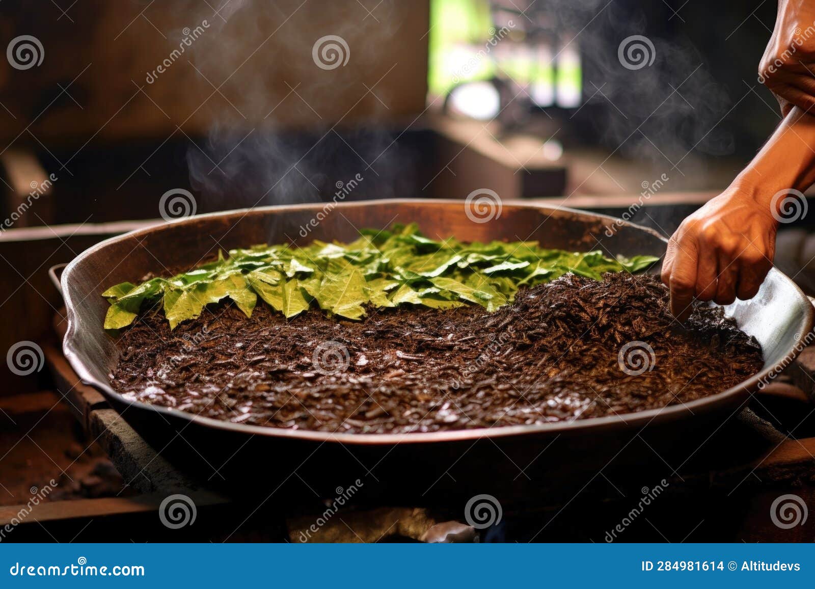 Traditional Tea Leaf Roasting in a Large Pan Stock Illustration