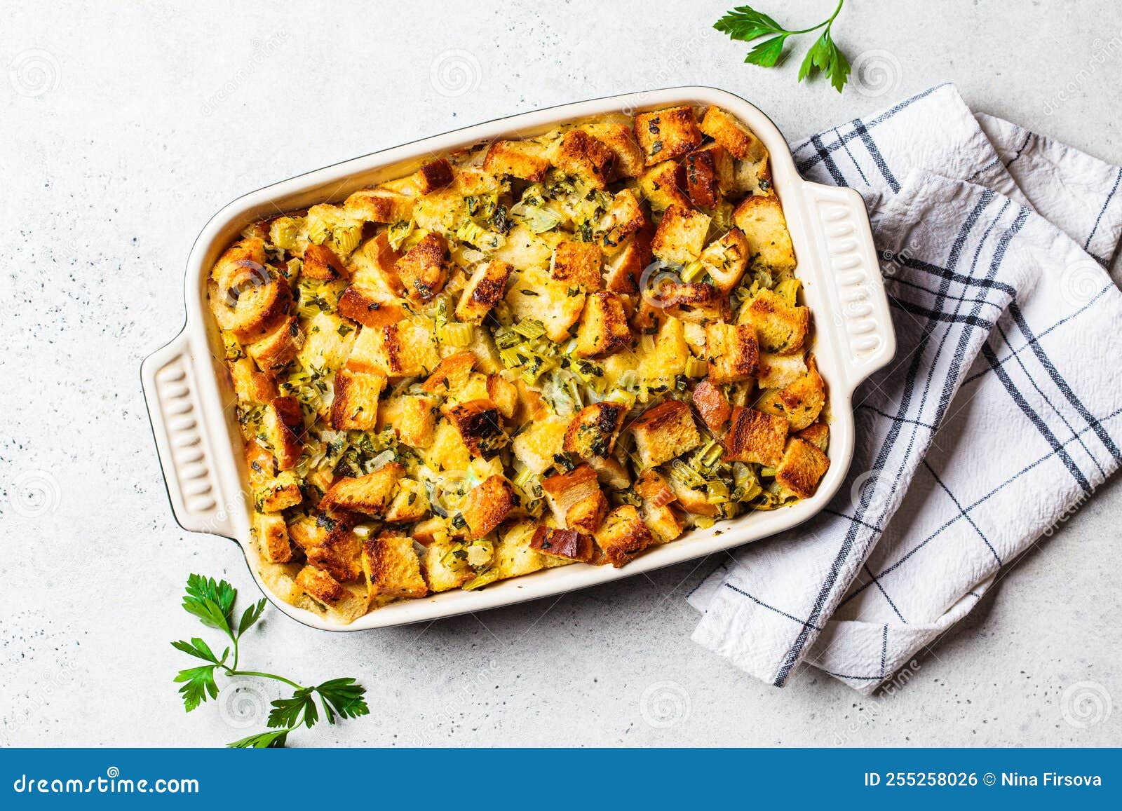 Traditional Thanksgiving Stuffing. Bread Casserole with Celery Stock