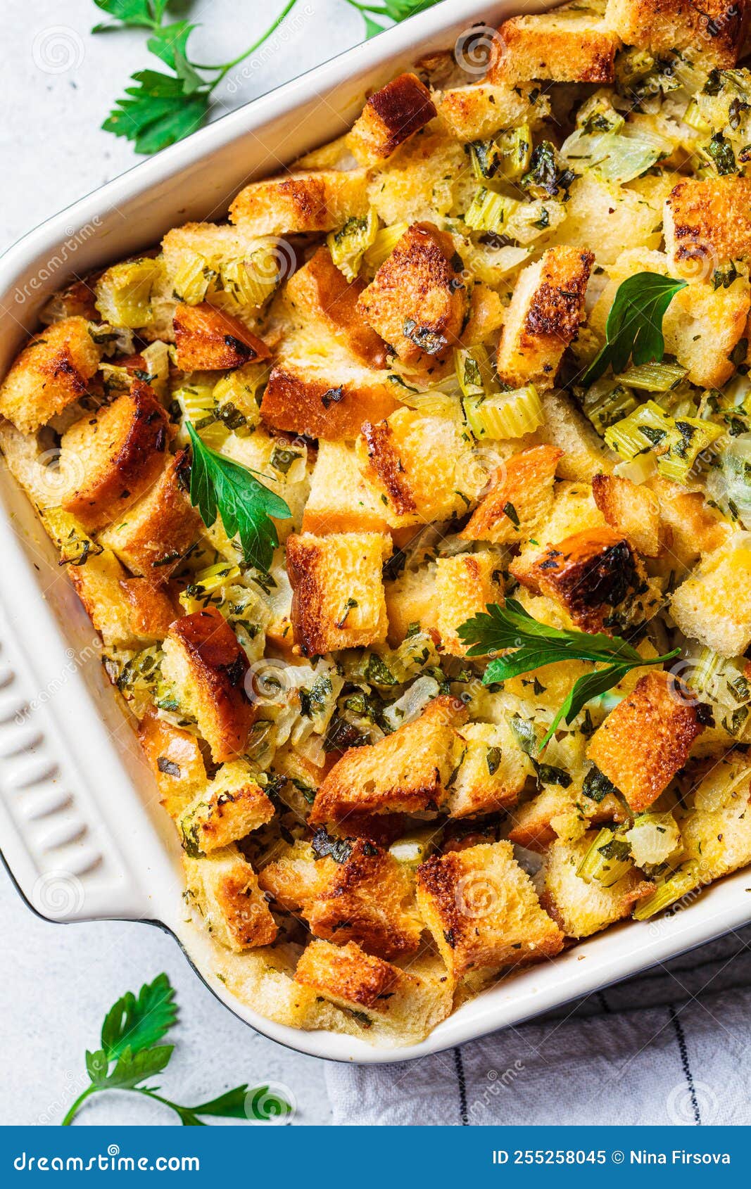 Traditional Thanksgiving Stuffing. Bread Casserole with Celery Stock
