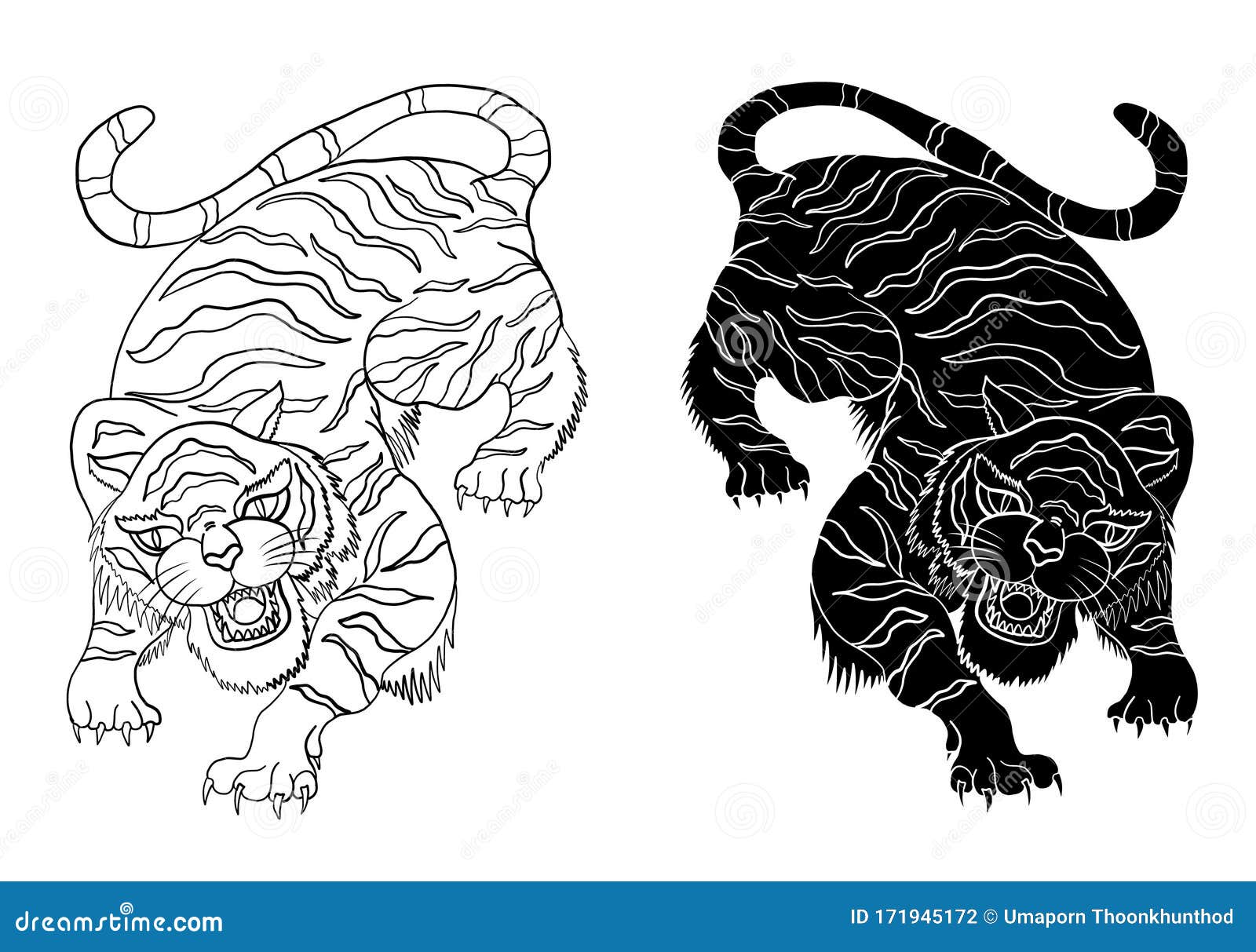 Traditional Tiger Vector Illustration for Sticker or Tattoo Design on  Background. Stock Vector - Illustration of aggressive, drawn: 171945172