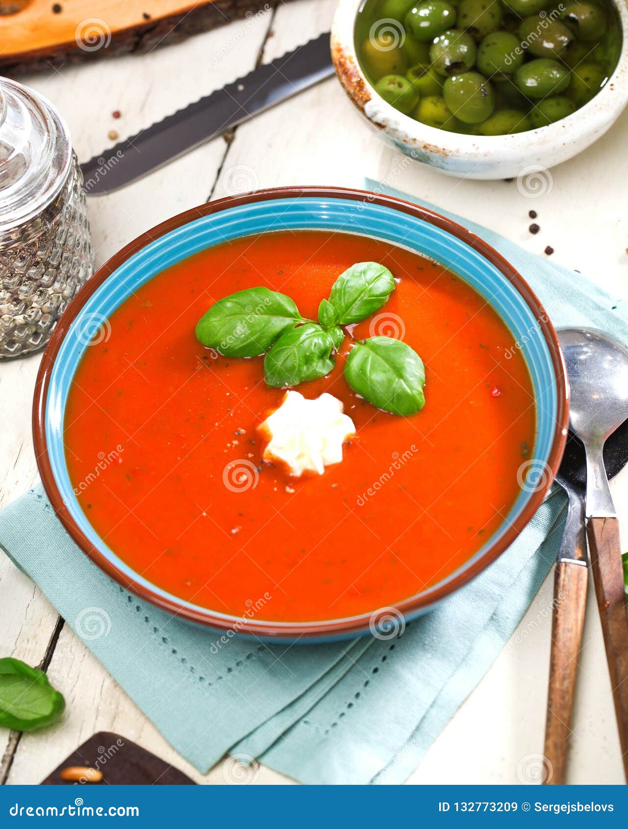 Traditional Tomato Soup with Basil and Bruschetta. Stock Image - Image ...