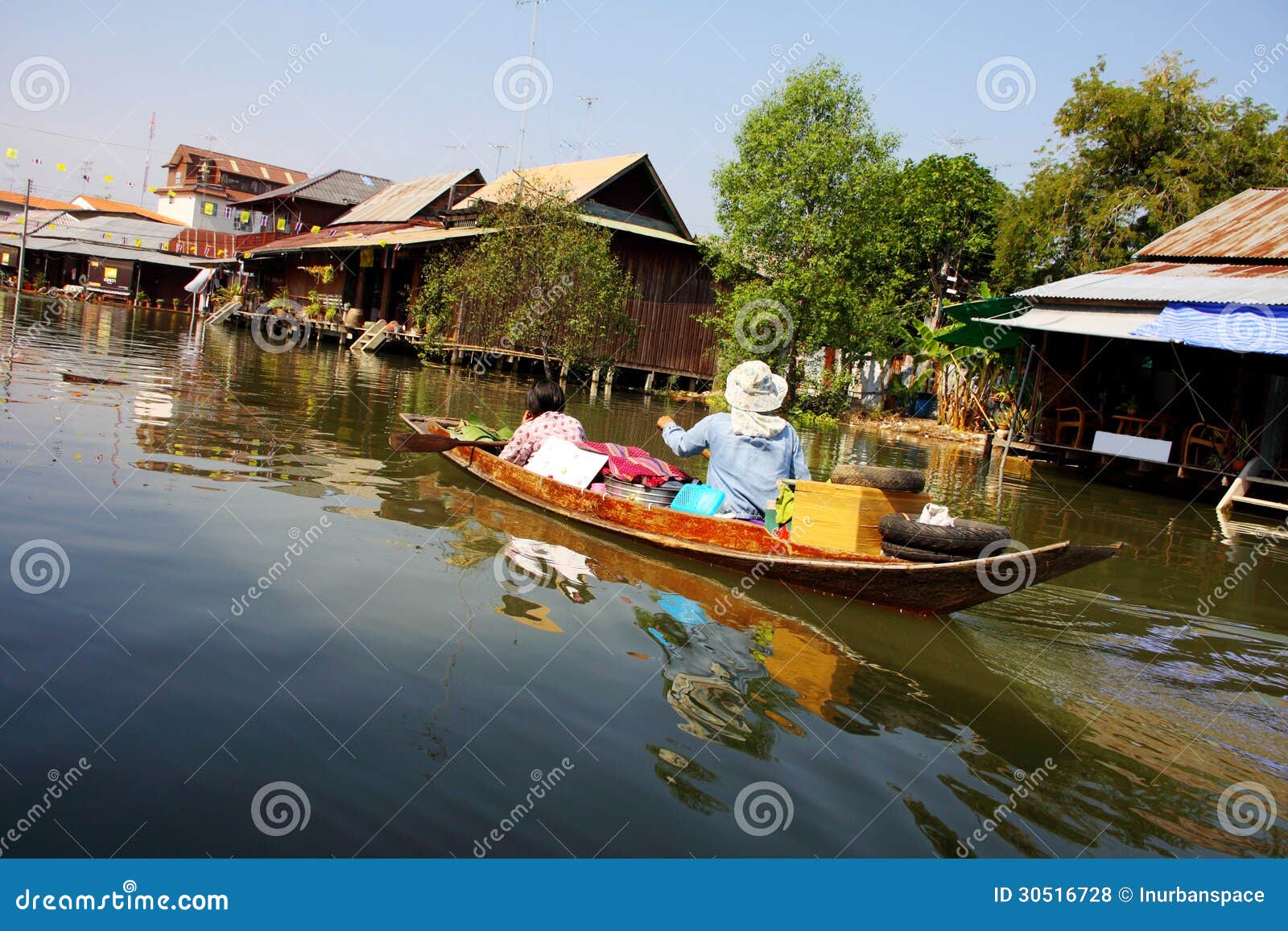 Traditional Transportation, Wooden Boat In Canal, Thailand 