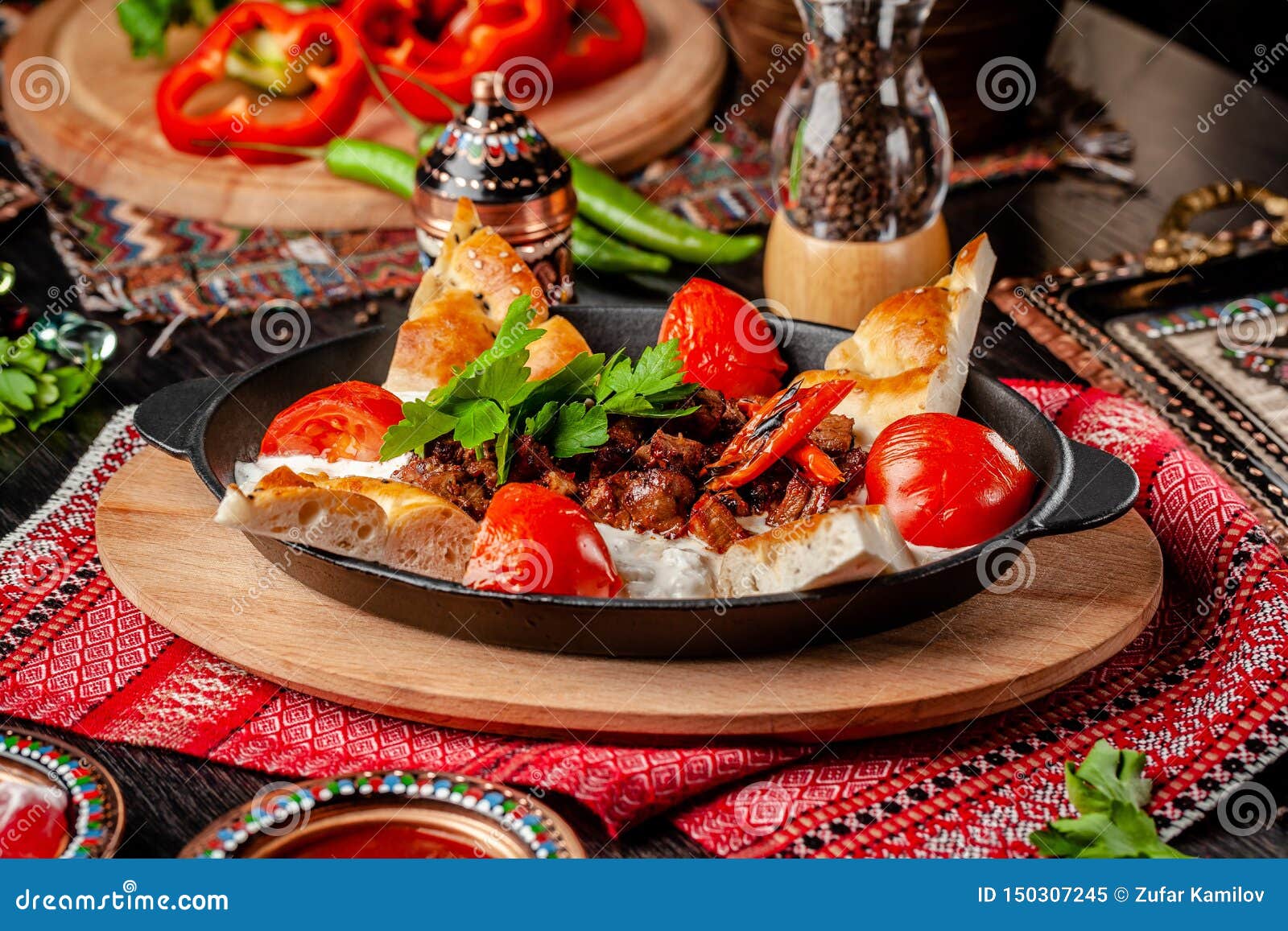 traditional turkish, arabic cuisine. ali nazik kebab. chopped lamb with eggplant, yogurt and garlic. ottoman food