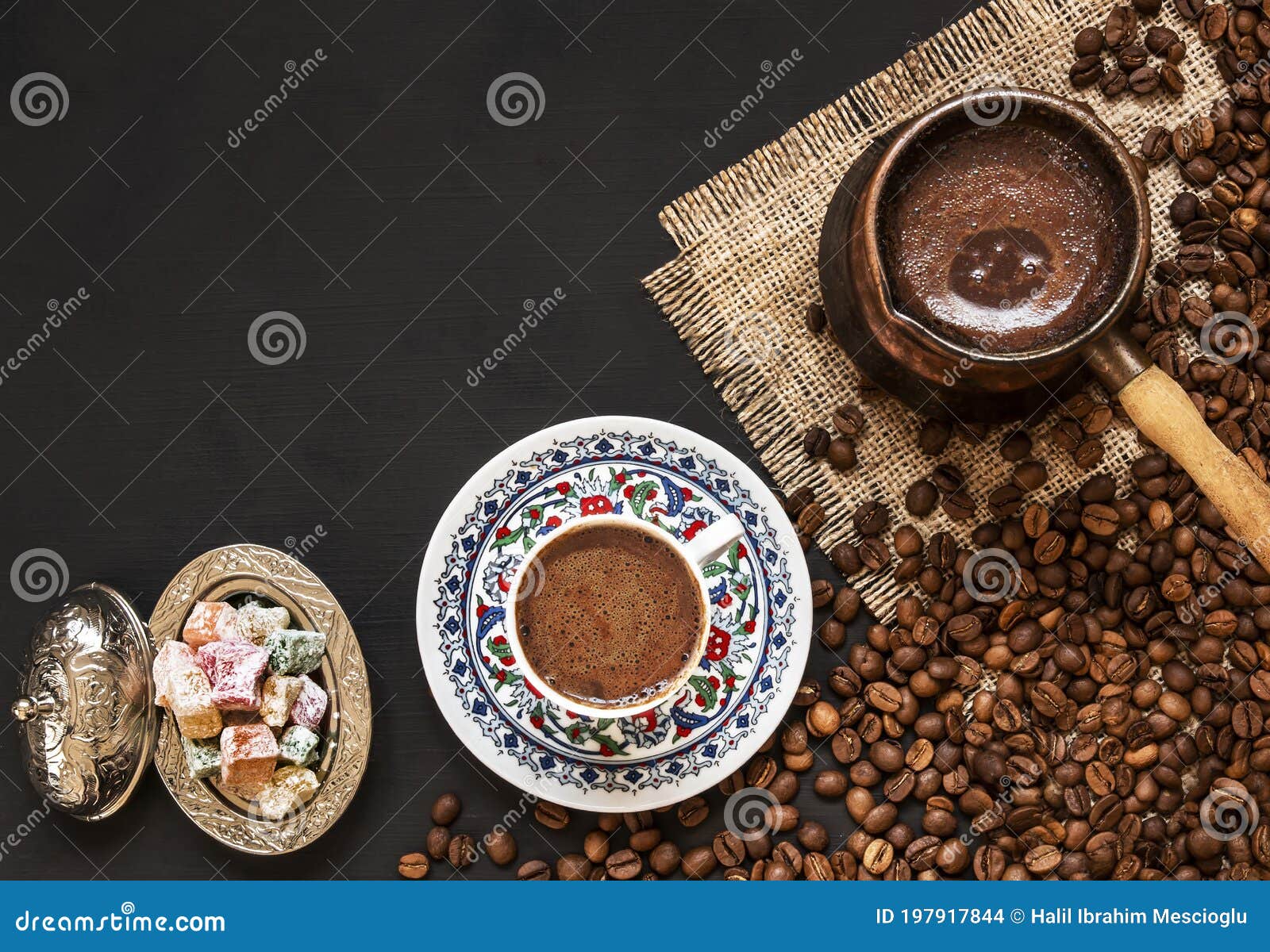 Traditional Turkish Coffee In Porcelain Cup With Turkish Delights Stock