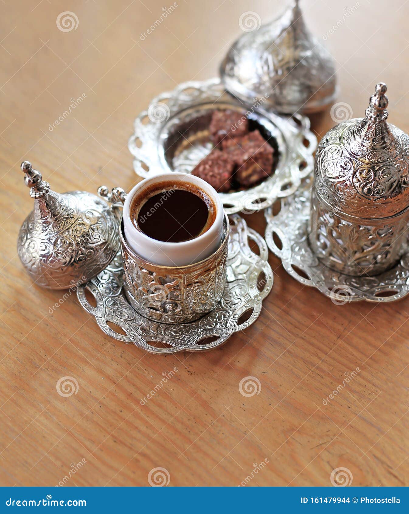 Traditional Turkish Coffee And Turkish Delight On Wooden Table Stock ...