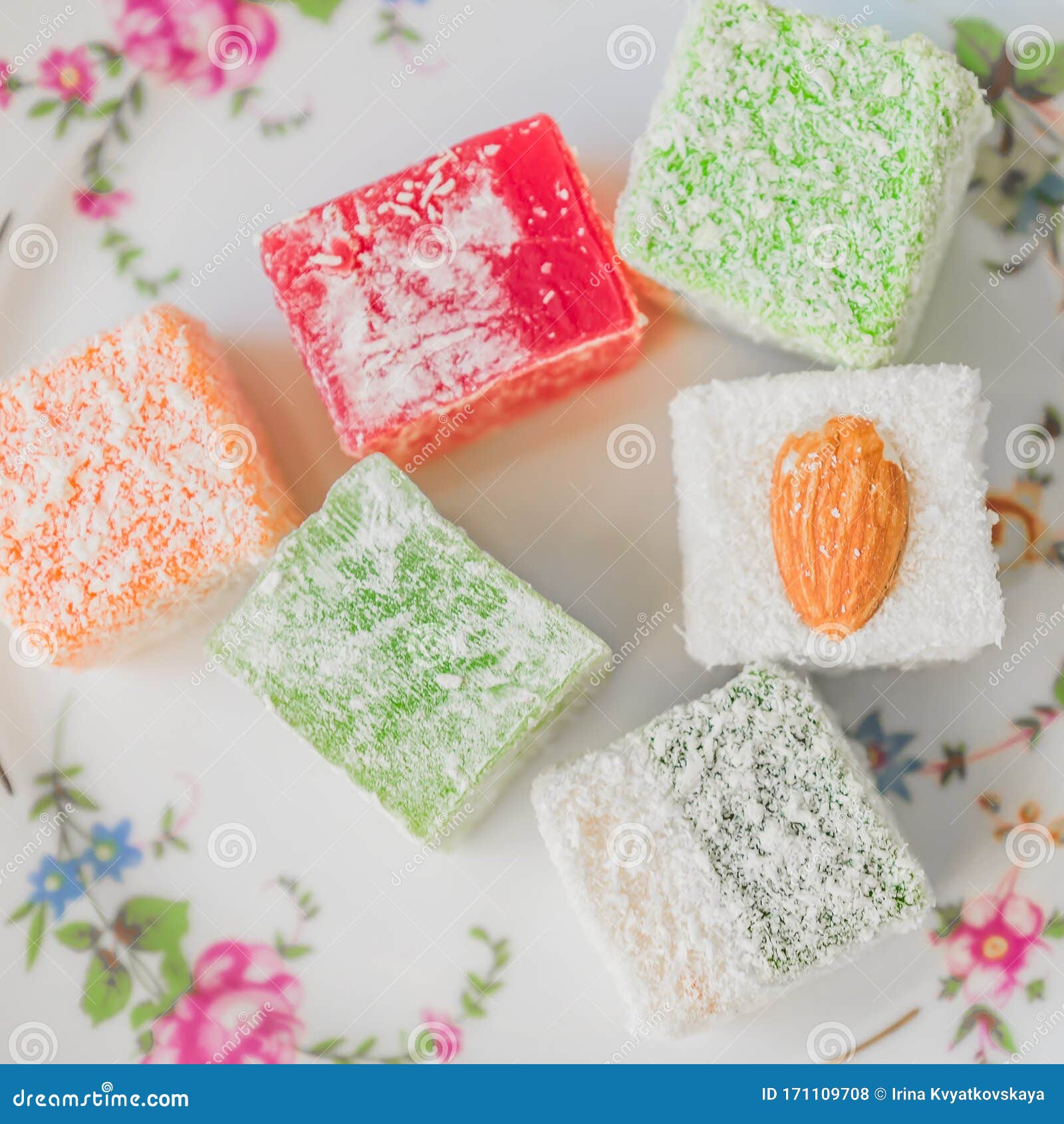 Traditional Turkish Delight On A Plate Assorted Oriental Sweets Stock