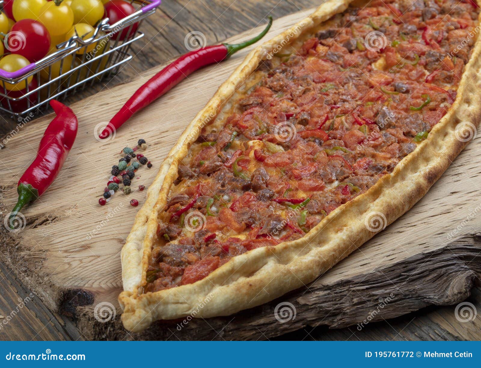 Traditional Turkish Dish Pita Beef - Kusbasili Pide. Turkish Pide with ...