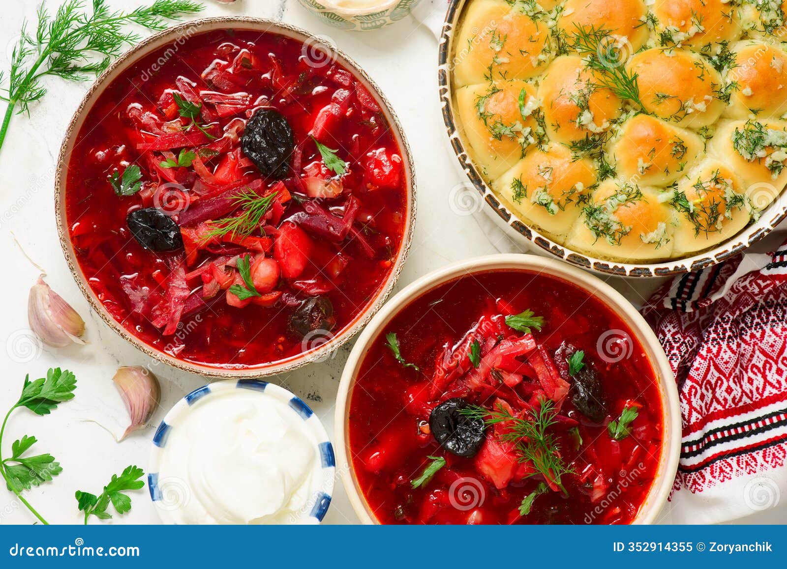 traditional ukrainian borsch with pampushki .style rustic