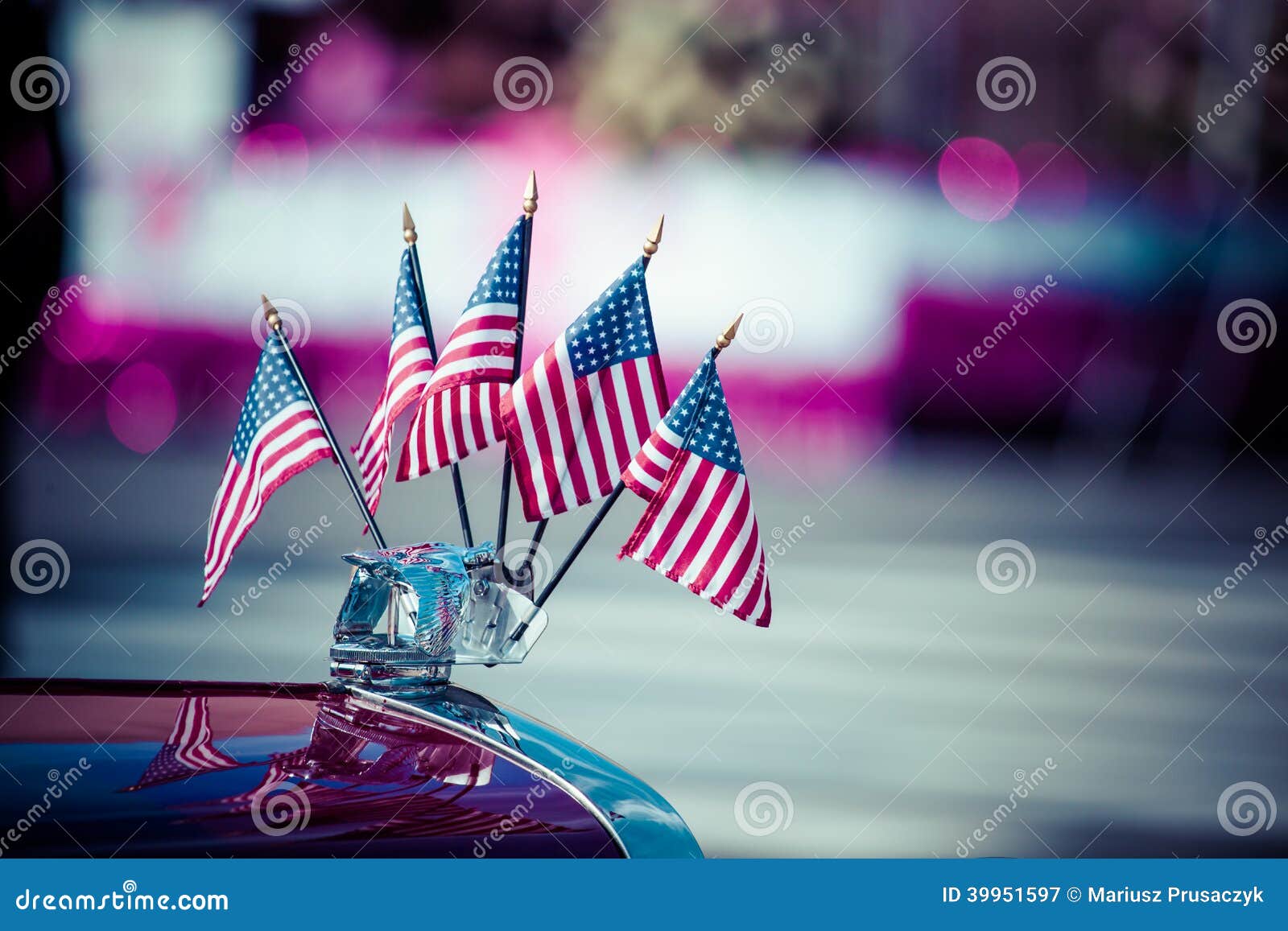 Traditional USA Parade Old Car with Flags Editorial Photography Image