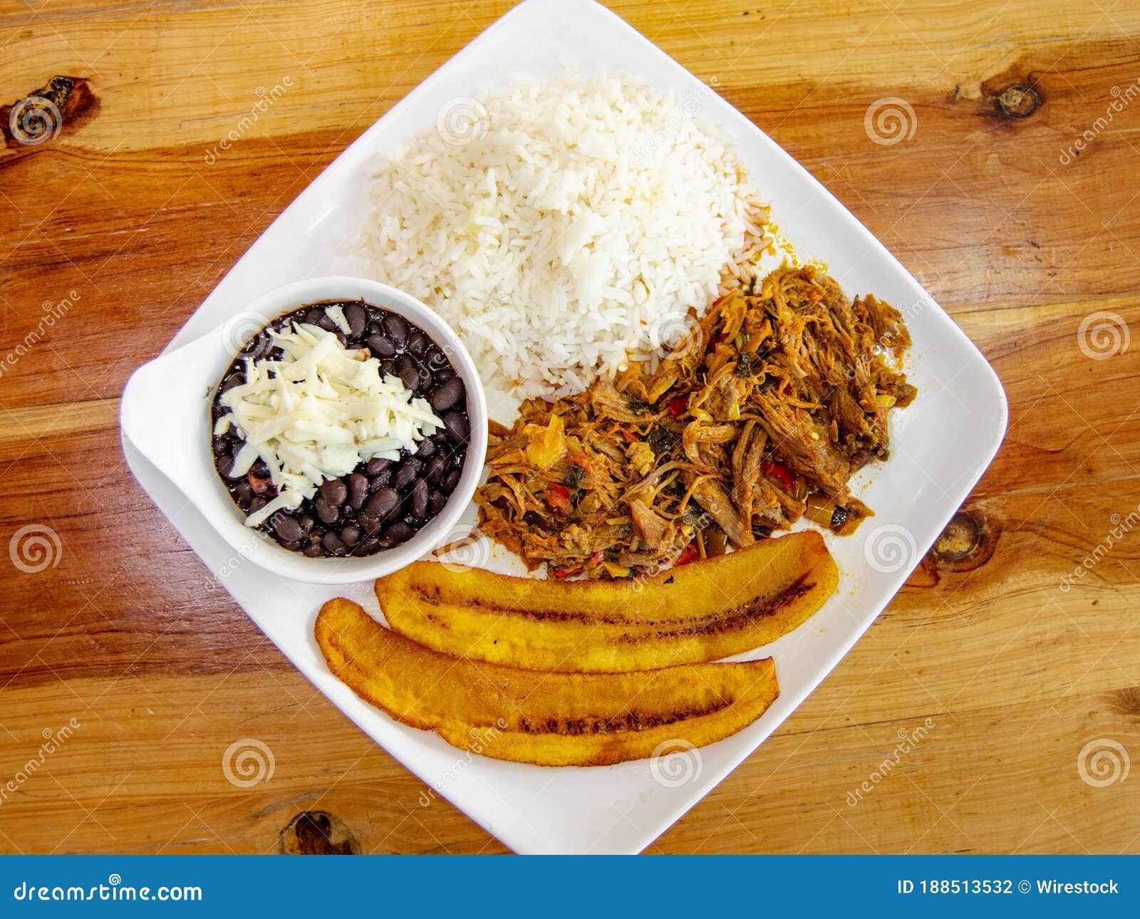traditional venezuelan pabellon dish made with beans, rice, beef and plantain