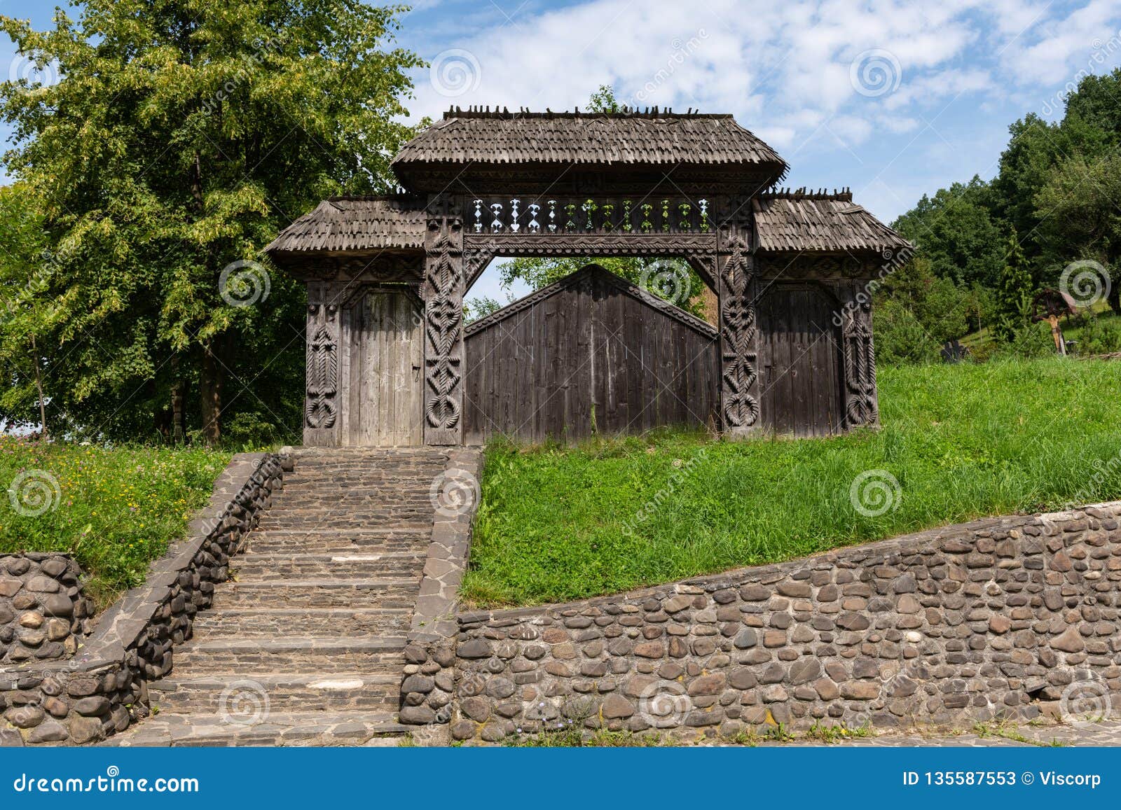 Traditional Wooden Carved Gate at Barsana Monastery Stock Image - Image ...