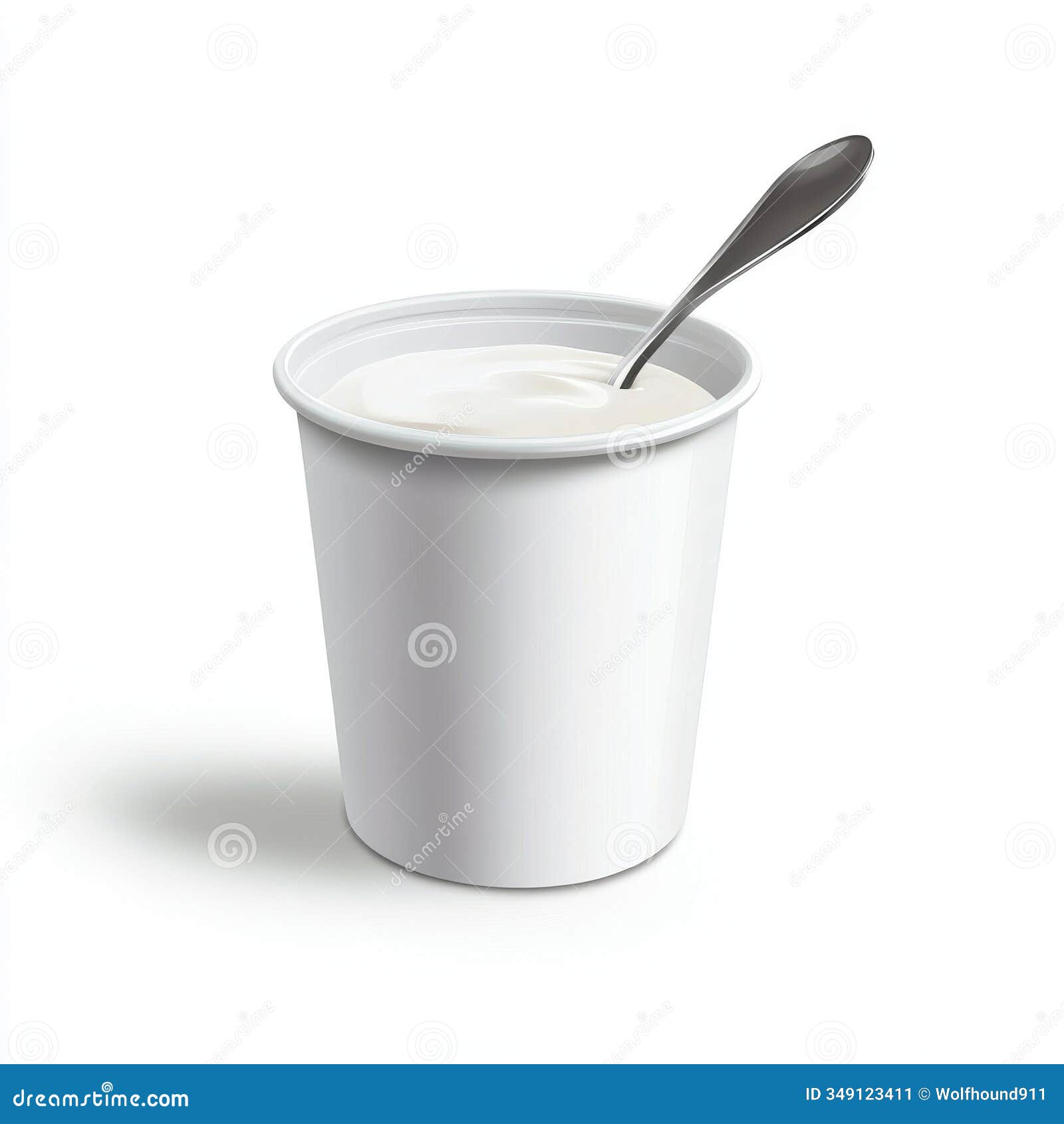 a traditional yogurt cup with a spoon, showing a smooth and thick texture,  on a white