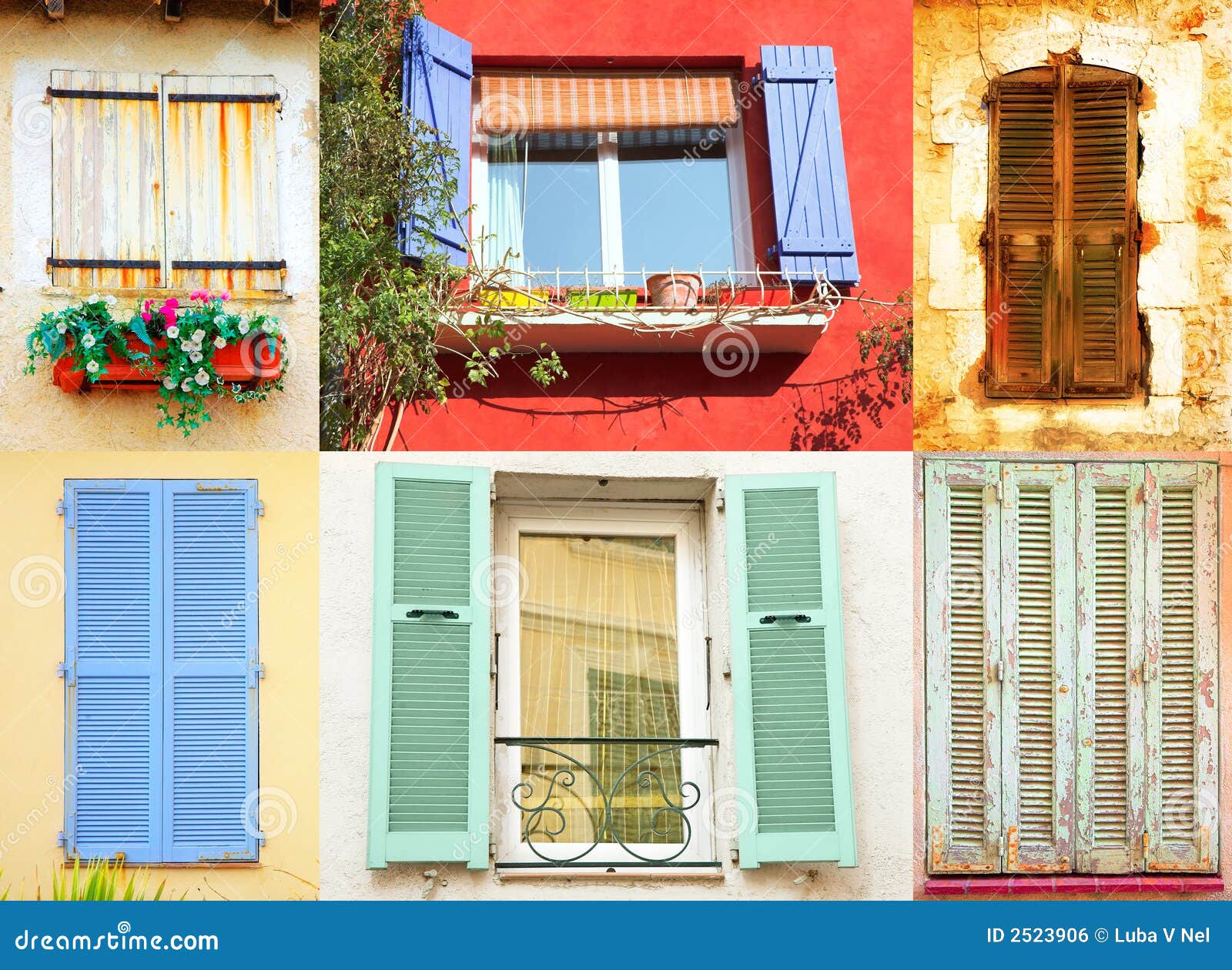 Traditionelle Fenstertüren. Traditionelle Fenstertüransammlung mit hölzernen Blendenverschlüssen in der Vielzahl von Farben und von Arten