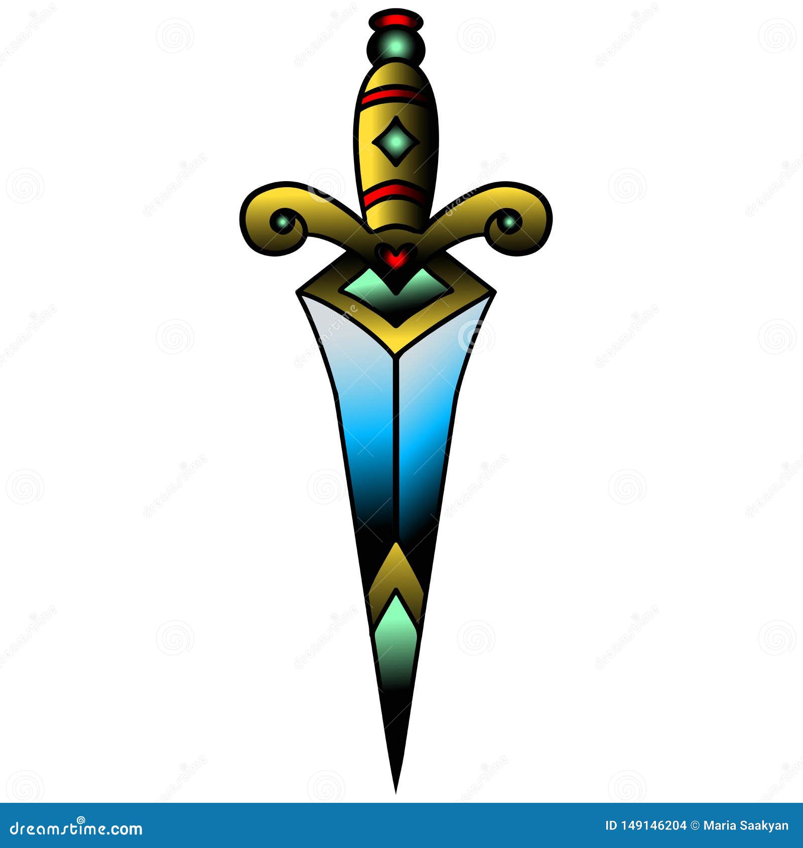 Traditional Tattoo With Dagger Knife Colorful Tattoo Vector Illustration Old School Tattoo Line Art Suitable For Vektor Abbildung Illustration Von Schwarzes Blatt 149146204