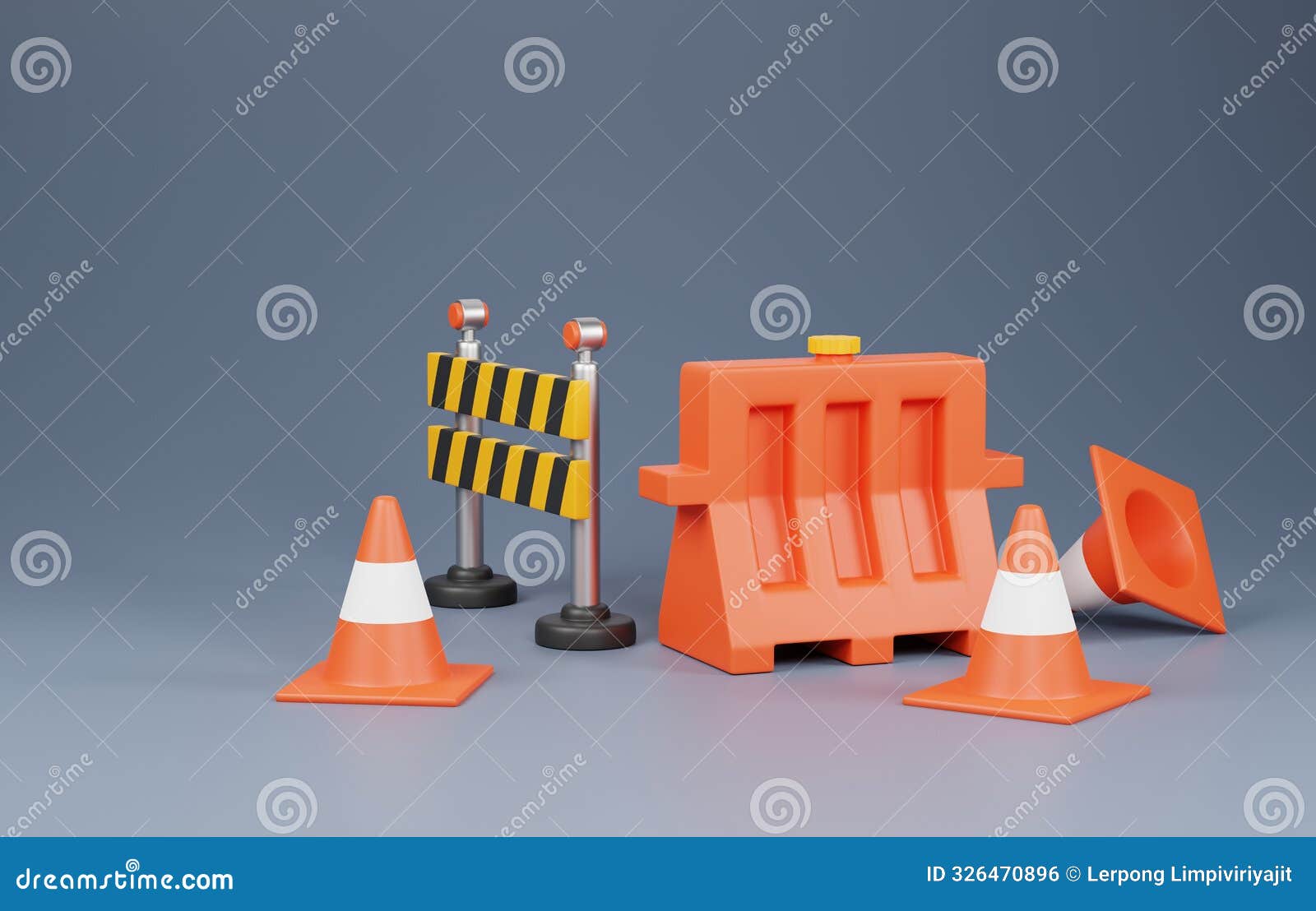 Traffic Barrier, Safety Cone with Roadblocks Tools. 3D Rende Stock ...