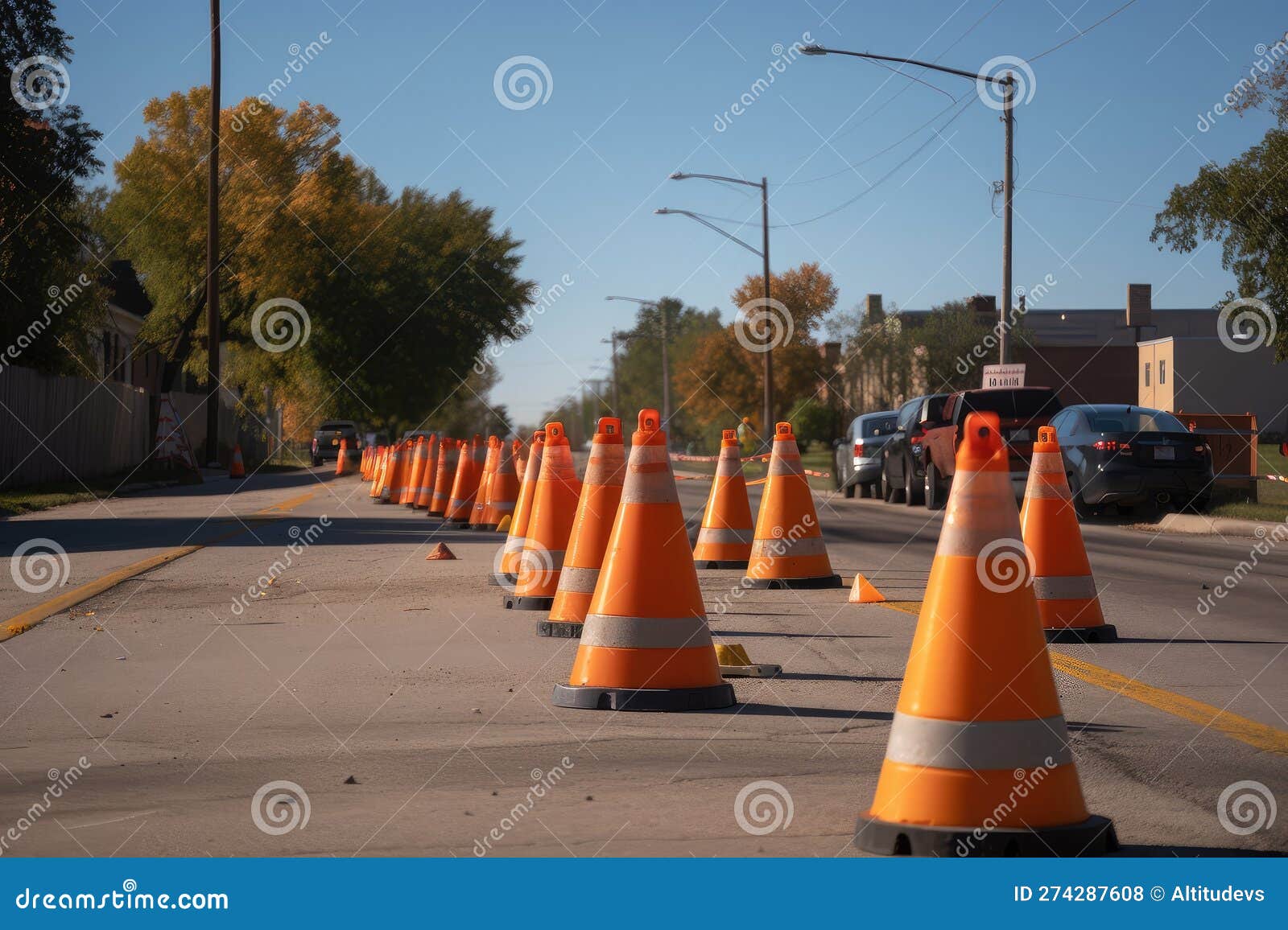 Traffic cones in a single file line marking off construction zone