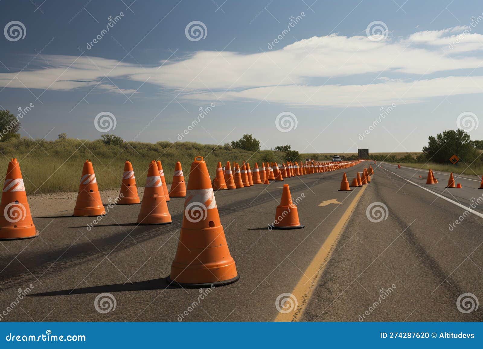 Traffic cones in a single file line marking off construction zone