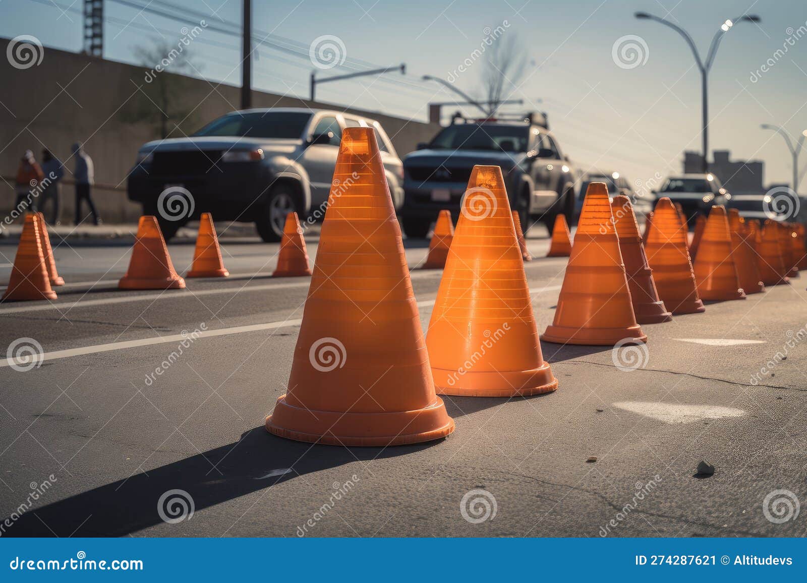 Traffic cones in a single file line marking off construction zone