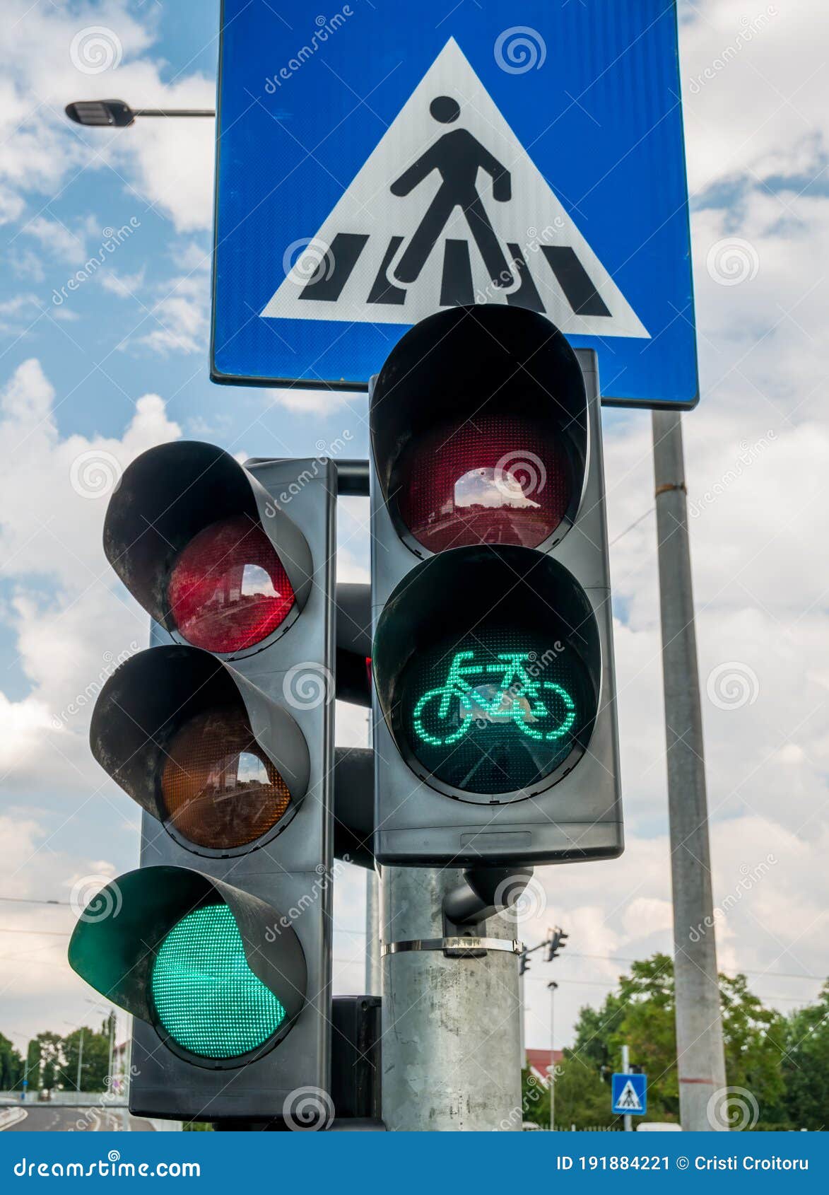 Traffic Light Against Blue Cloudy Sky. Traffic Lights for Bicycles