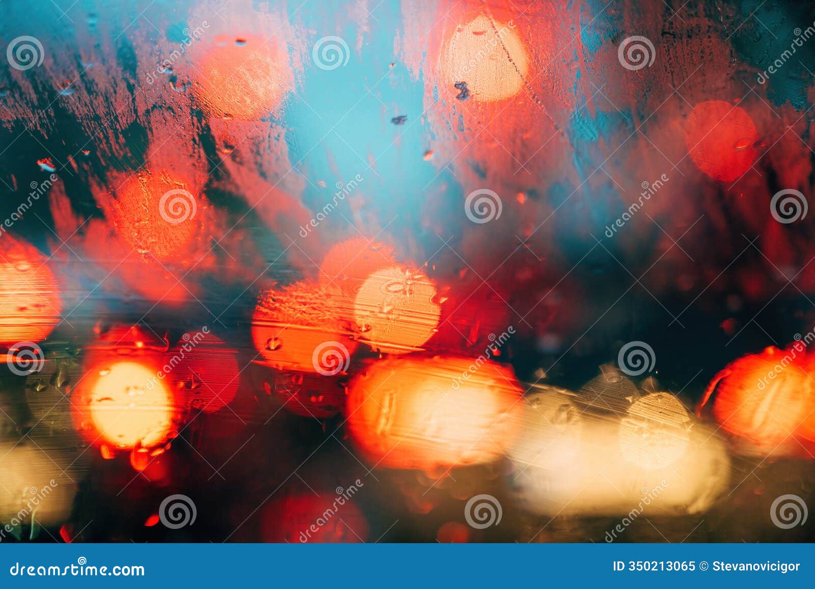 traffic lights on rainy night, bokeh background