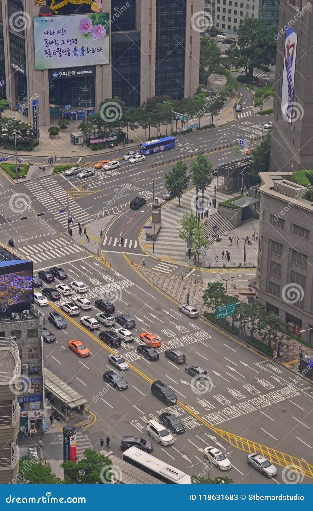 traffic on a main road in myeongdong district, seoul, south korea