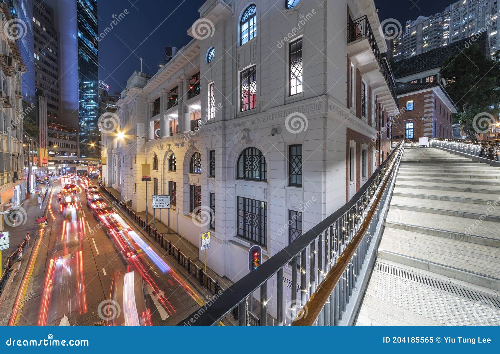 Traffic in Old Street of Hong Kong City at Night Stock Image - Image of