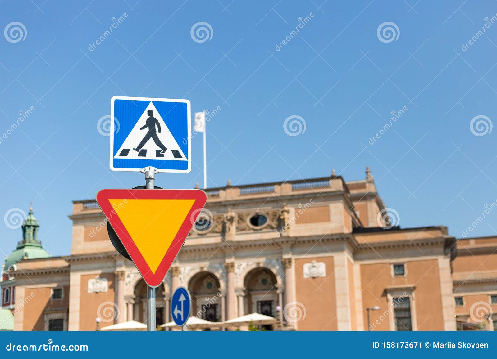 Zebra crossing, pedestrian cross warning traffic road sign in blue