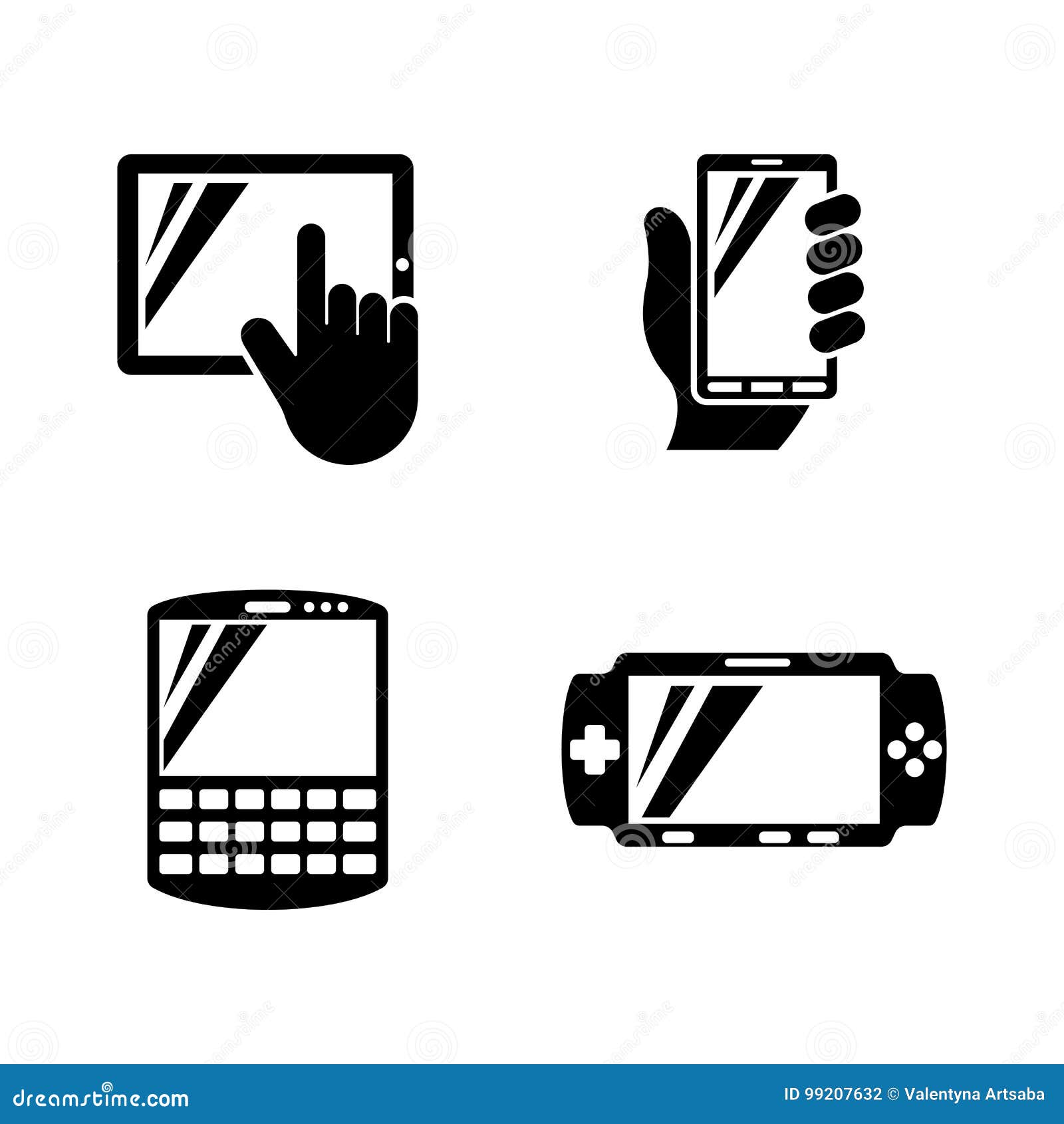 Tragbare Geräte Einfache in Verbindung stehende Vektor-Ikonen eingestellt für Video, bewegliches Apps, Website, Druck-Projekte und Ihr Design Schwarze flache Illustration auf weißem Hintergrund