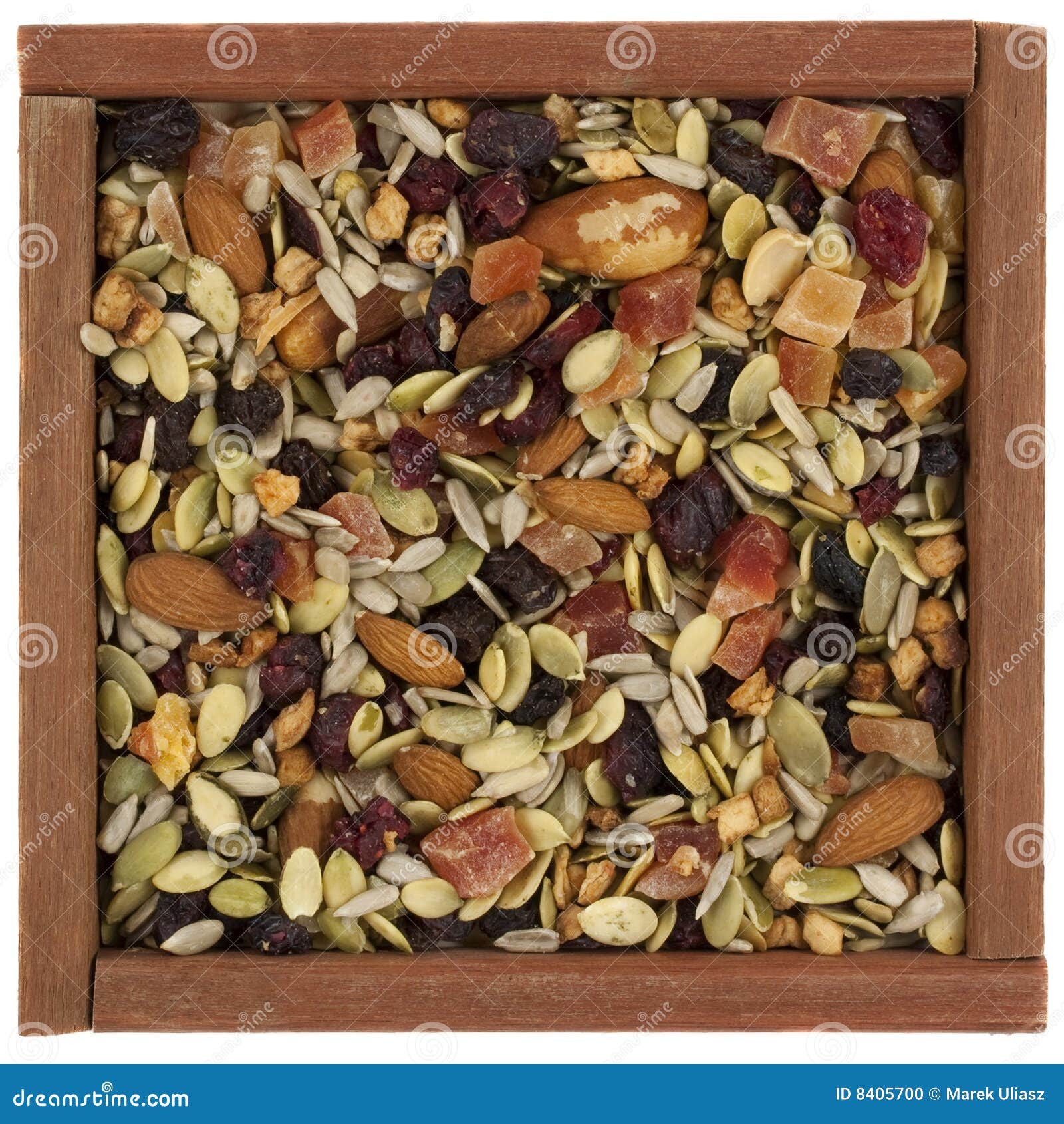 Trail Mix With Nuts In A Wooden Box Stock Photo Image of wood, square