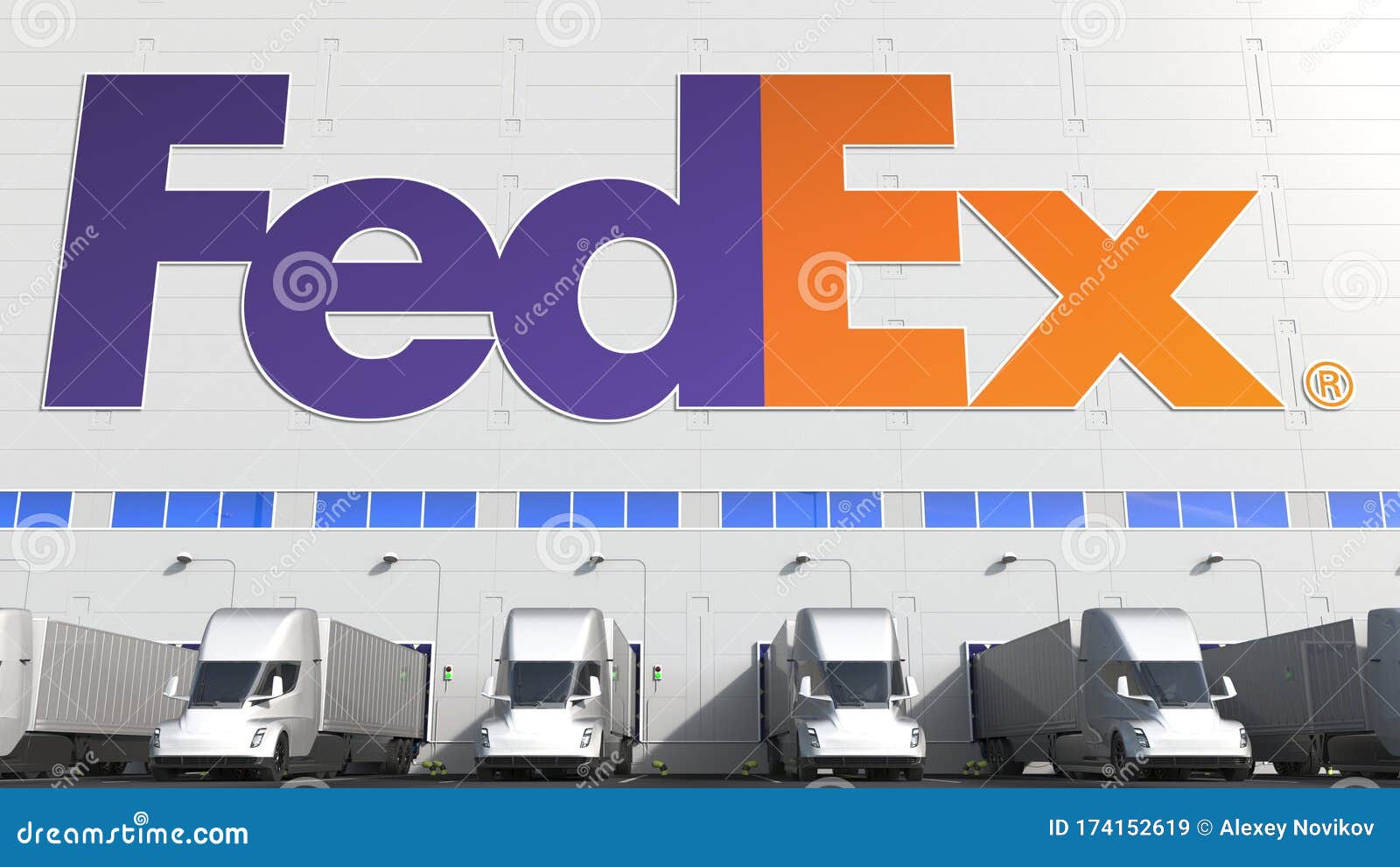 Electric Semi-trailer Trucks at Warehouse Loading Bay with FEDEX Logo ...