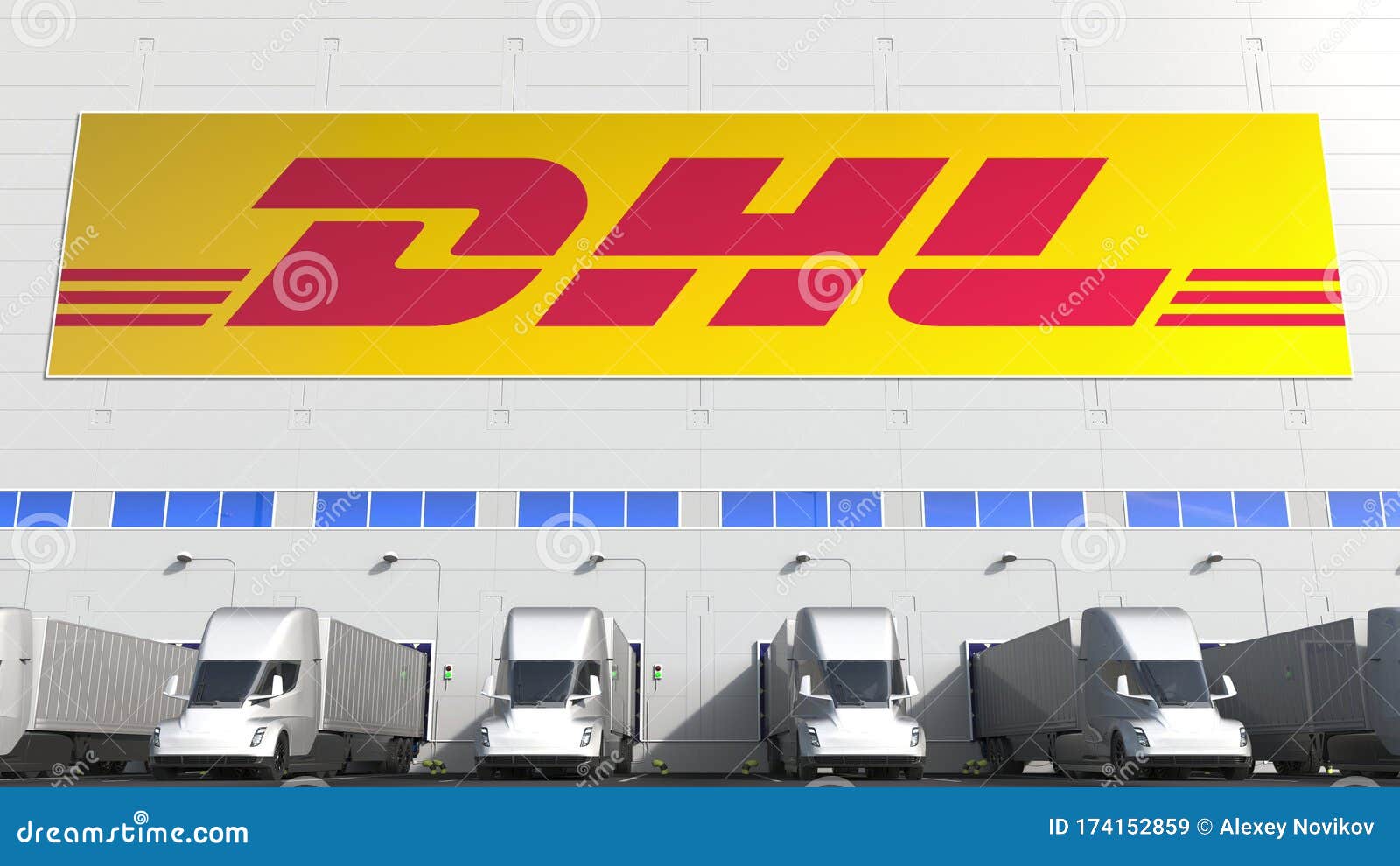 Electric Semi-trailer Trucks at Warehouse Loading Bay with DHL Logo on ...