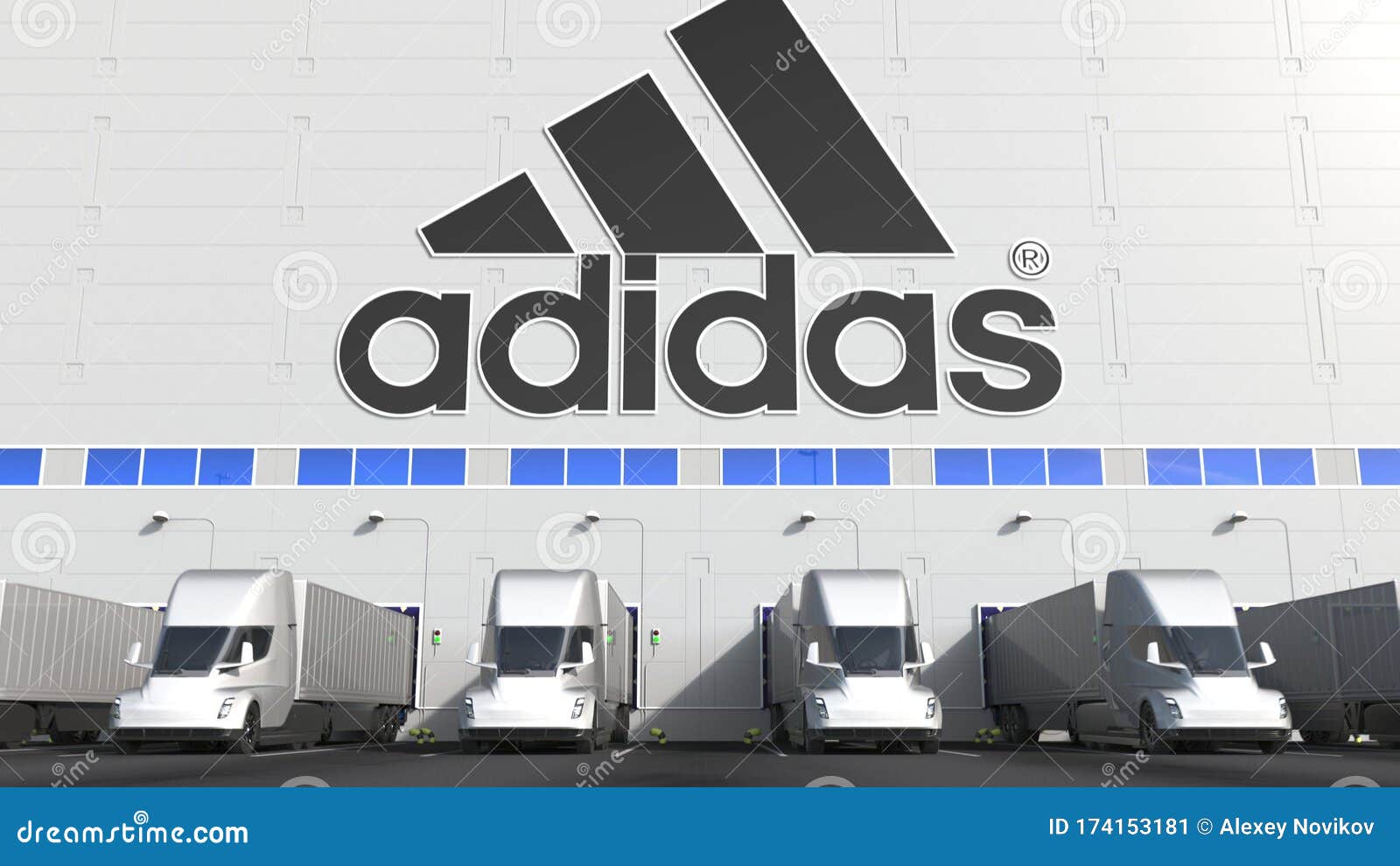 Diplomatieke kwesties pariteit Higgins Electric Semi-trailer Trucks at Warehouse Loading Bay with ADIDAS Logo on  the Wall. Editorial 3D Rendering Editorial Photo - Illustration of  commercial, shipment: 174153181
