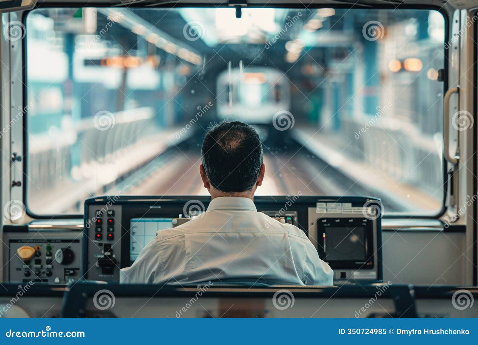train driver focused on the track, viewed from behind inside the train cab as it approaches a station.
