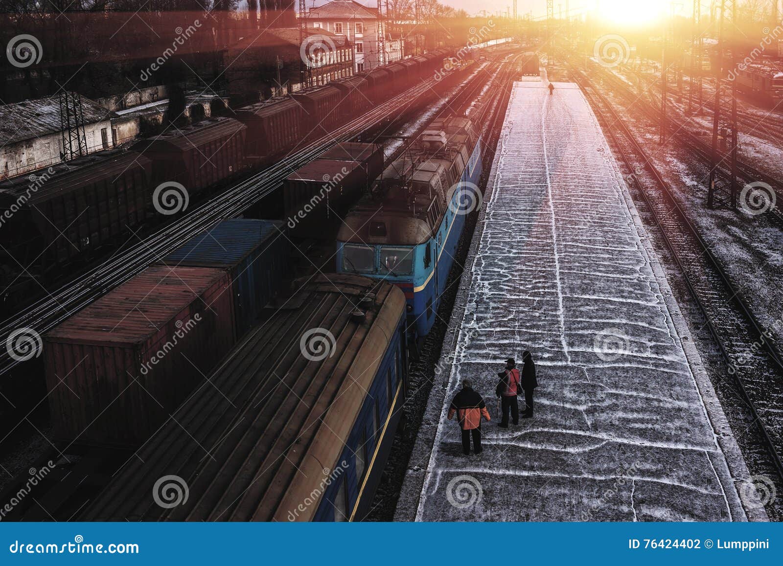 Train and Many Wagons at the Platform at Sunset Stock Photo Image of