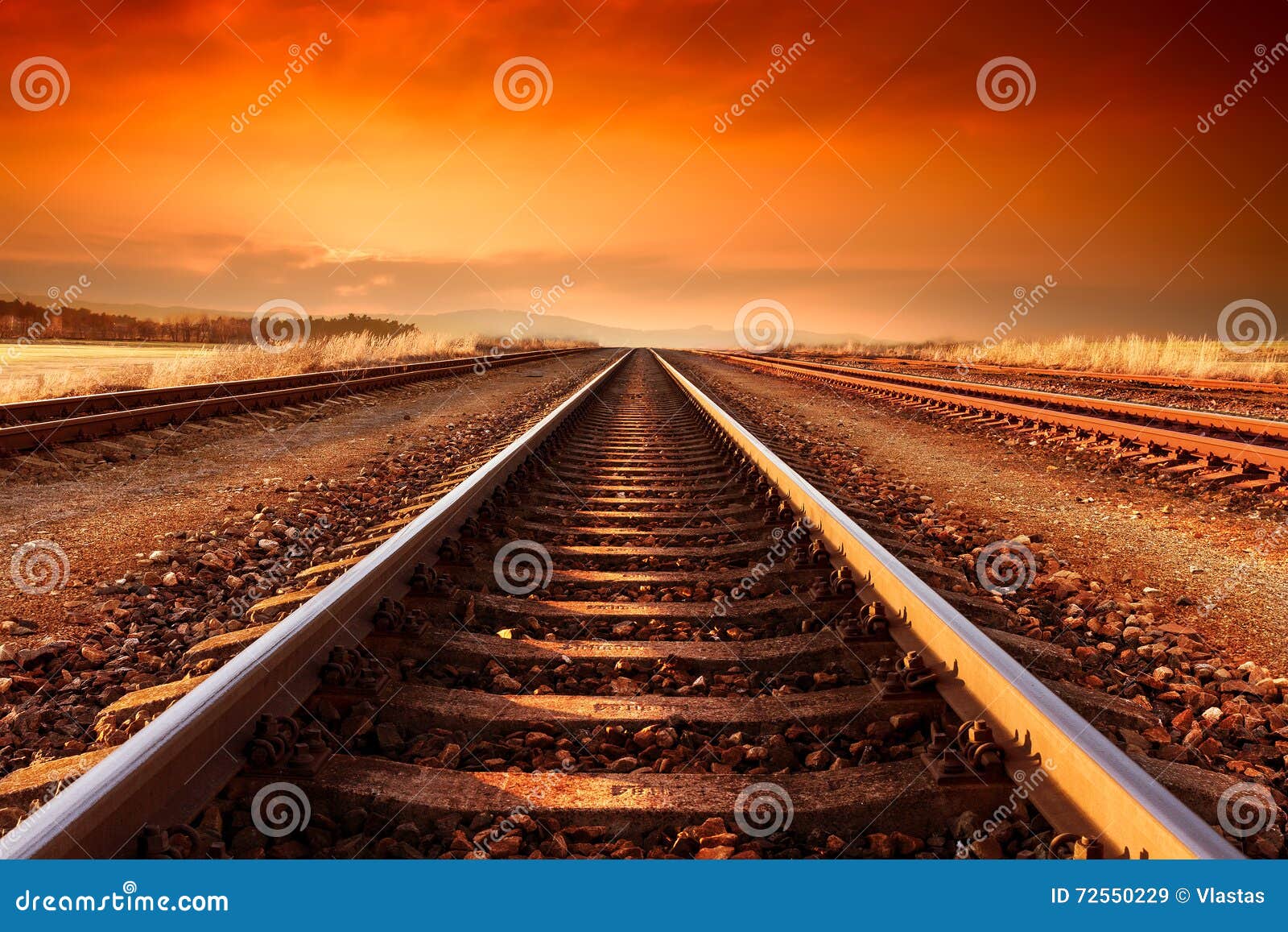 train tracks goes to horizon in the majestic sunset.