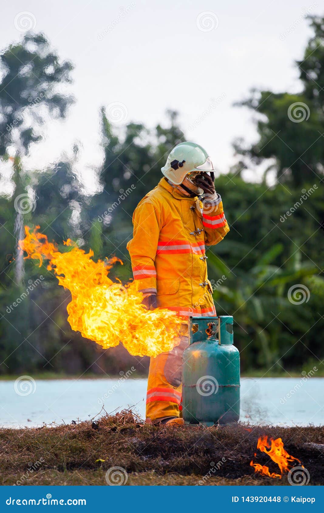 During Training Firefighting, Gas Tanks with Fire, Firefighter with