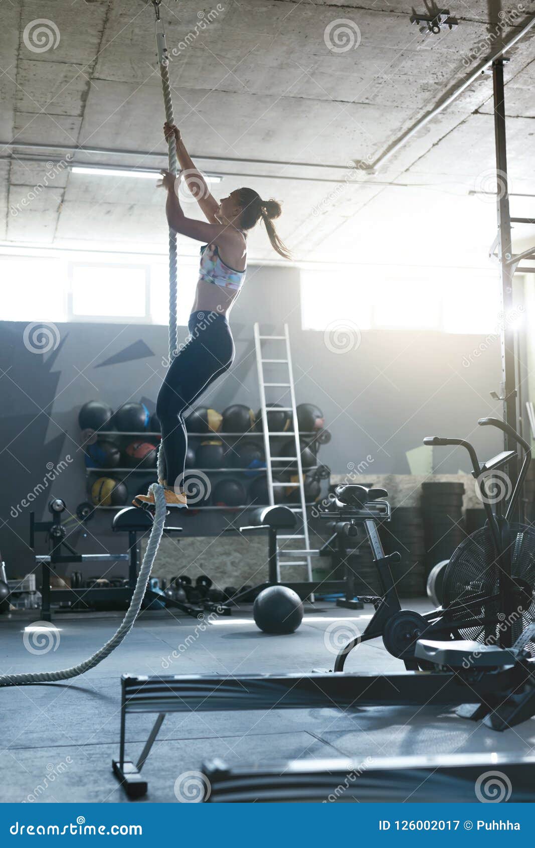 Training at Gym. Female Crossfit Athlete Climbing Rope Stock Image - Image  of health, climbing: 126002017