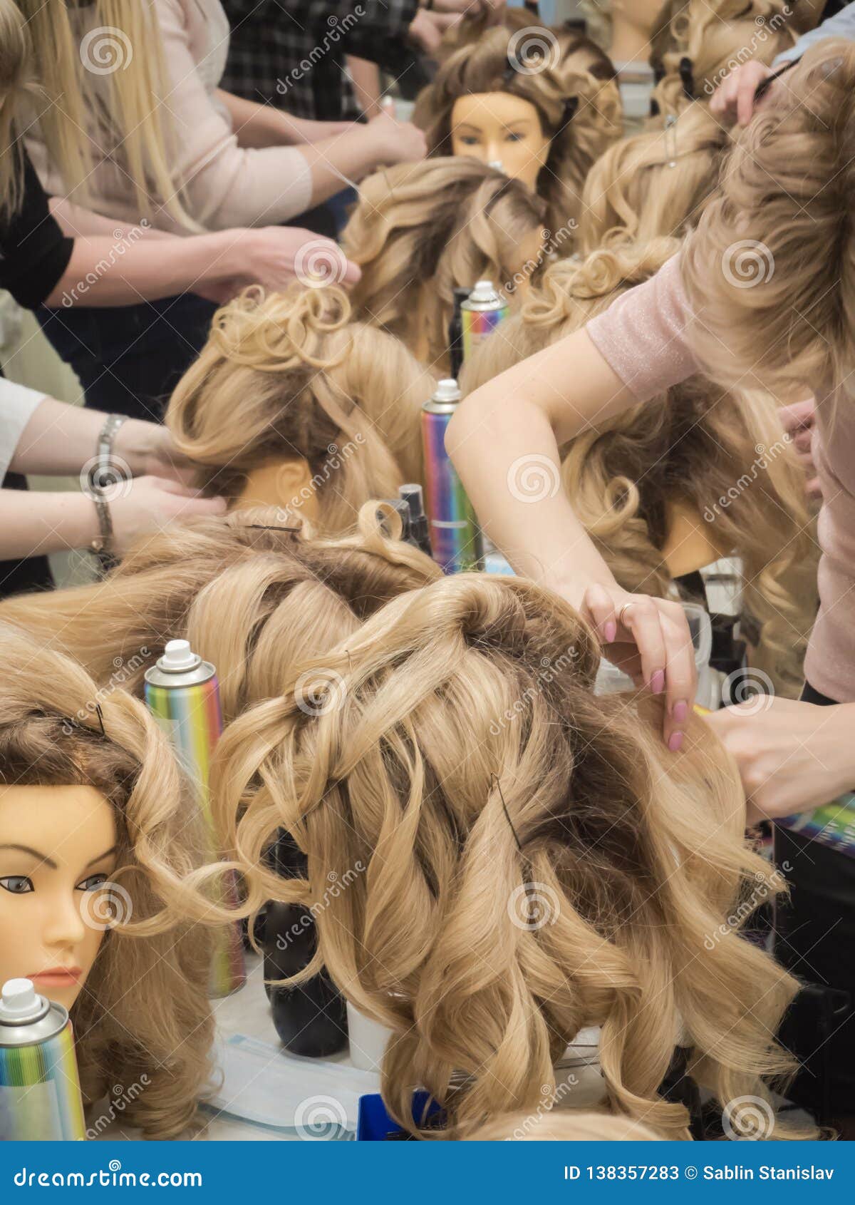 Training Hairstyles on the Mannequin. Teamwork. Stock Image Image of