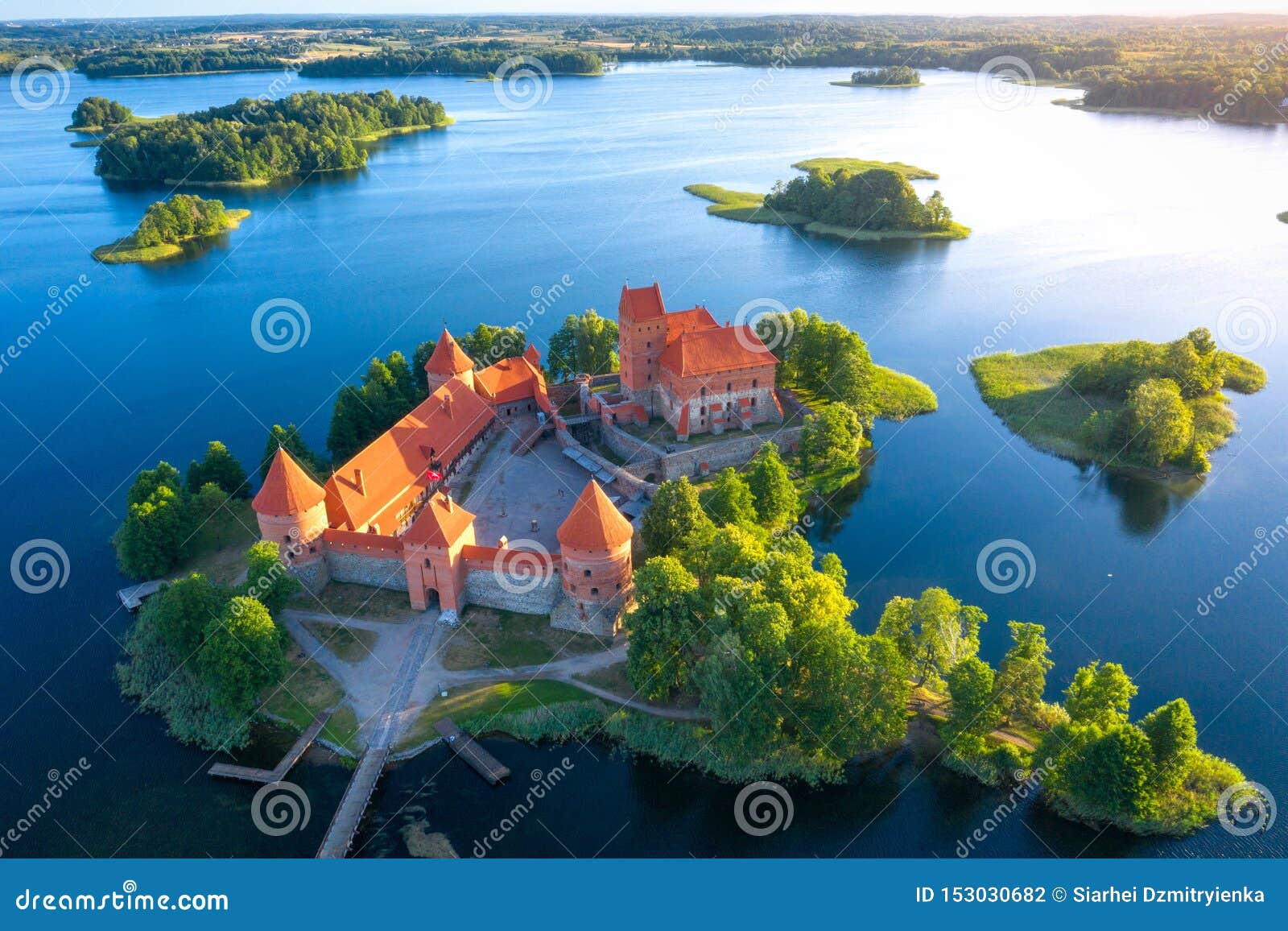 Trakai Castle In Lithuania Aerial View Old Castle With Towers On