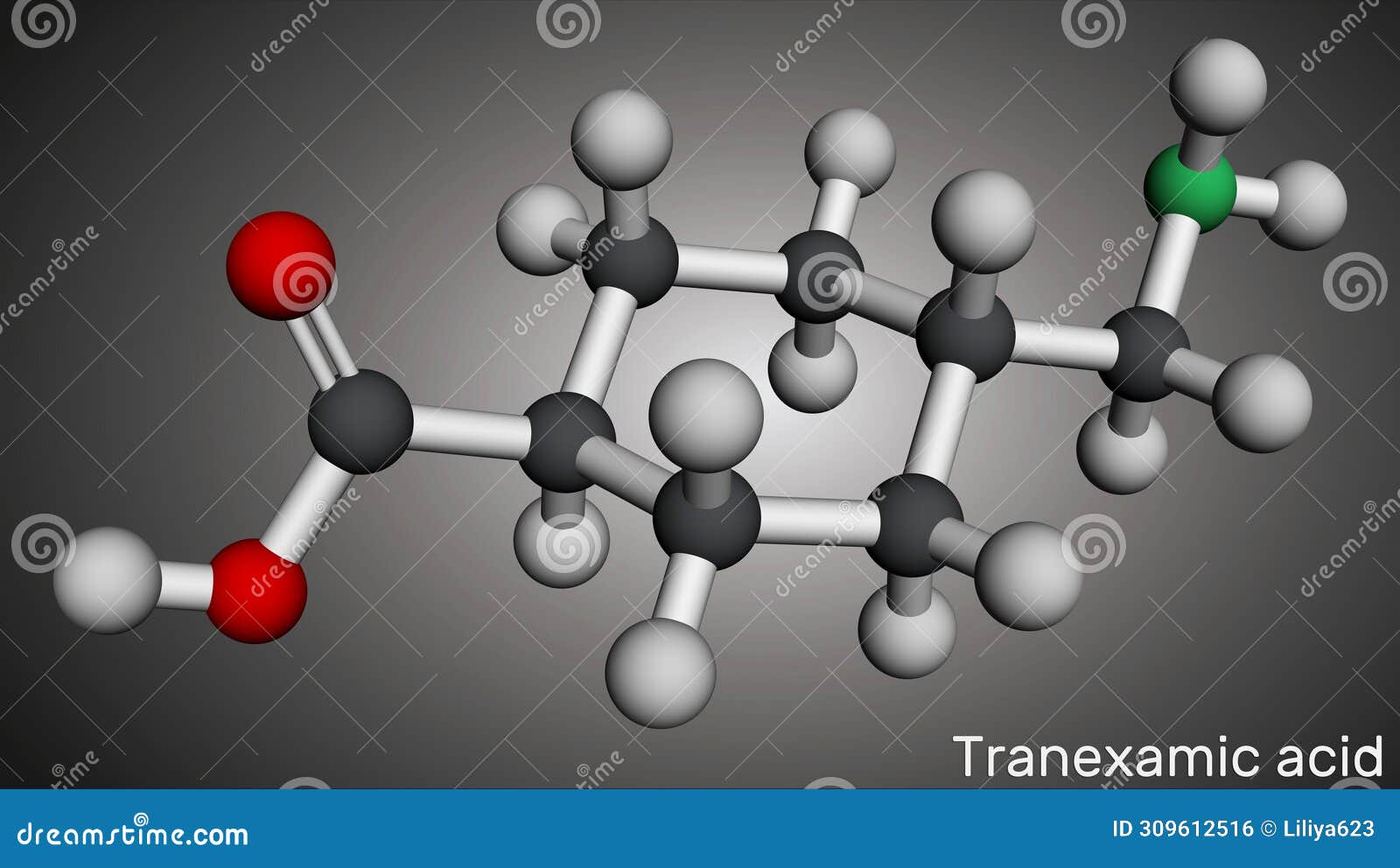 tranexamic acid, txa molecule. it is antifibrinolytic. molecular model. 3d rendering