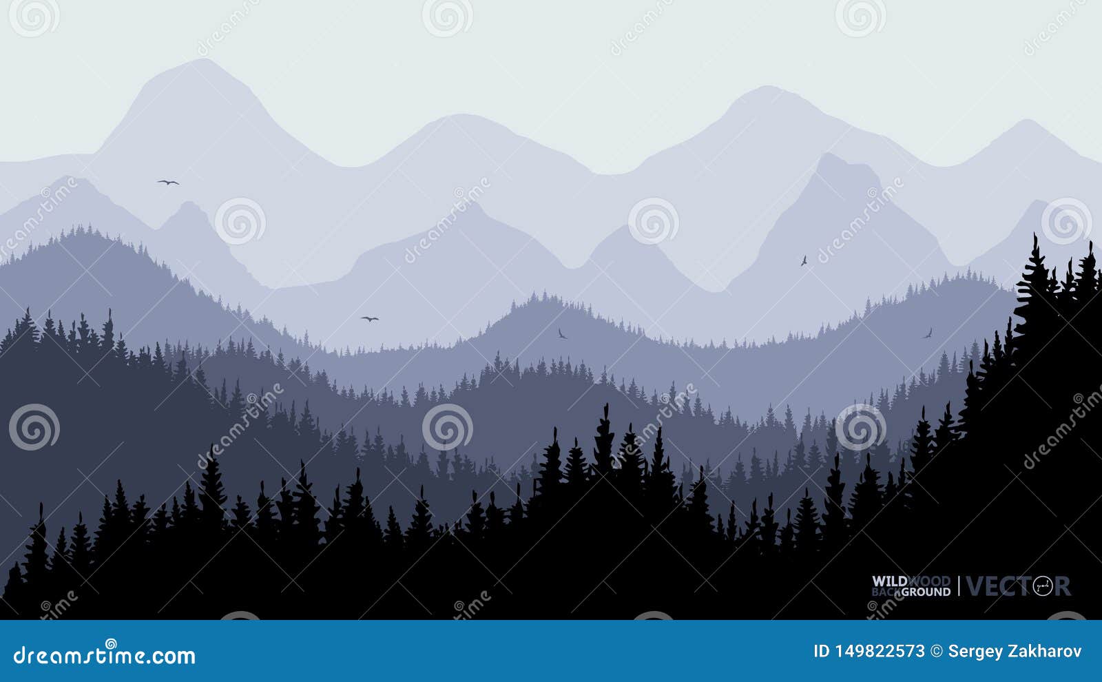 tranquil backdrop, pine forests, mountains in the background. dark blue tones