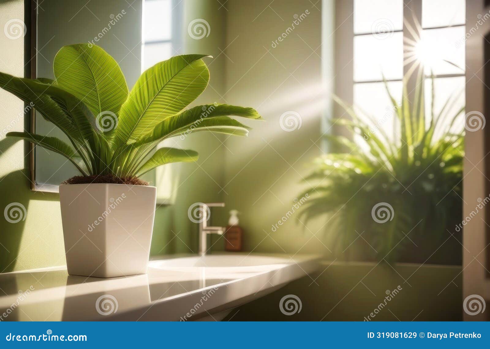 a tranquil bathroom setting with lush ferns soaking in the golden sunlight