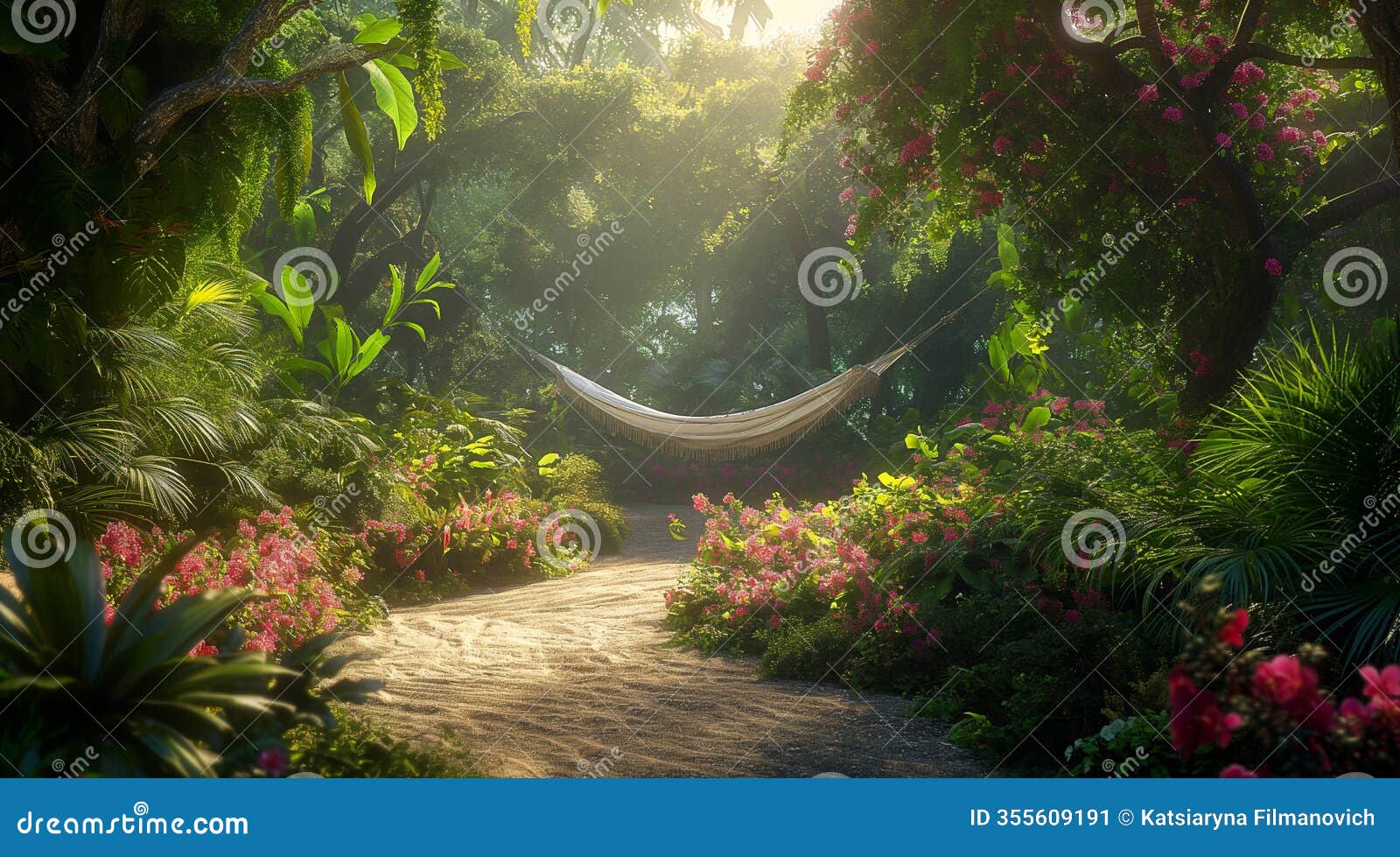 tranquil hammock in lush tropical paradise surrounded by exotic flora and sunlit pathway