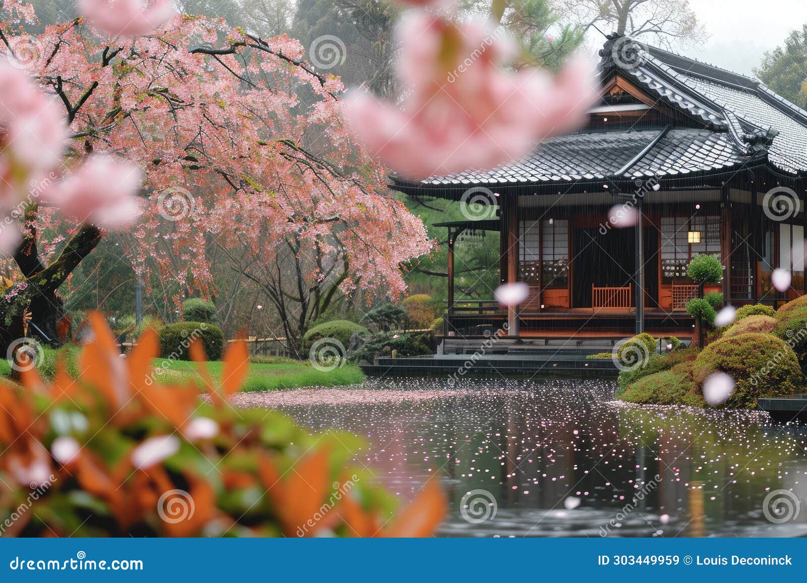 Tranquil Japanese Tea Garden with Cherry Blossoms Stock Illustration